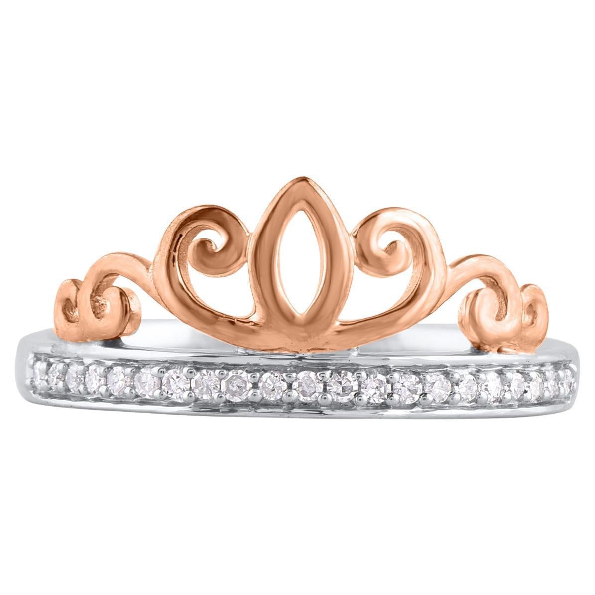 TJD Bague couronne en or bicolore 14 carats diamant naturel rond 0,10 carat en vente