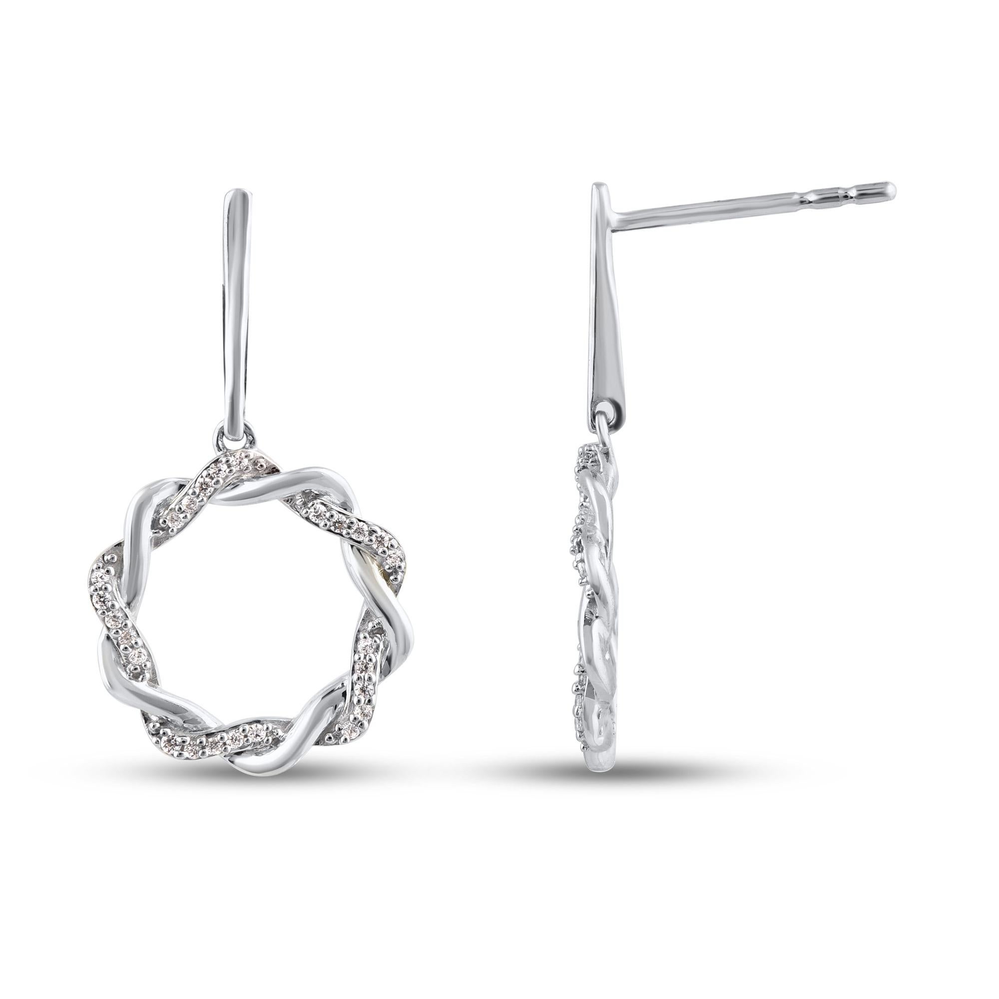 The perfect complement to her classic style, this diamond circle earrings shines with your happily ever after. These earrings feature dazzling with 50 single cut round diamond set in prong setting. Total diamond weight is 0.10 carat. These earrings