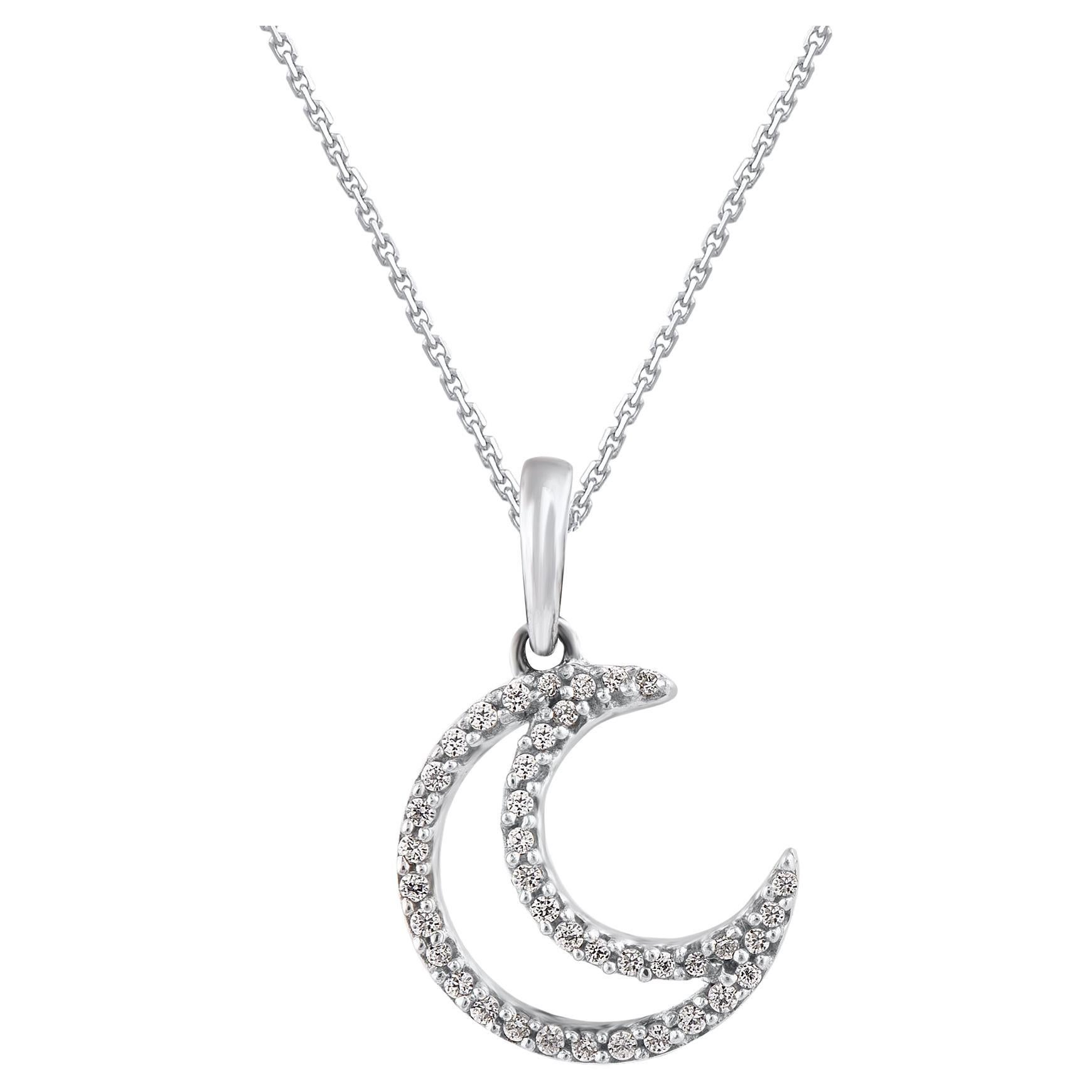 TJD 0.10 Carat Natural Round Diamond 14 Karat White Gold Crescent Moon Pendant