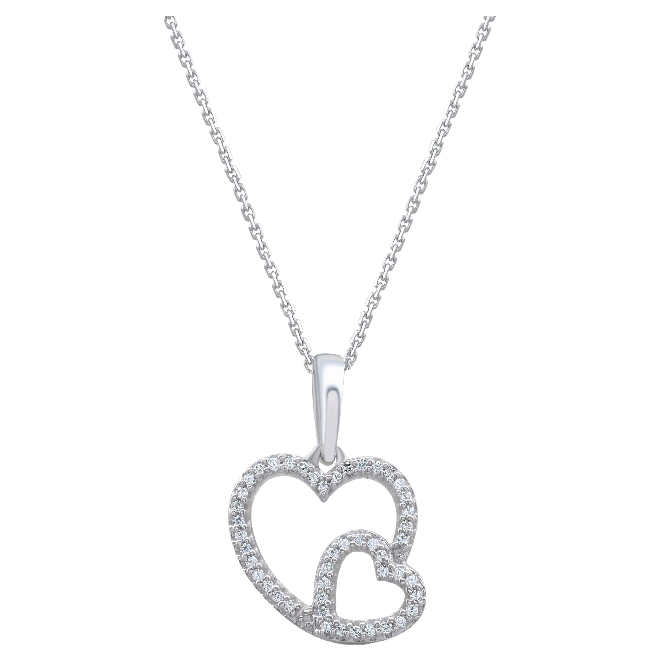 TJD 0.10 Carat Natural Round Diamond 14 Karat White Gold Double Heart Pendant For Sale