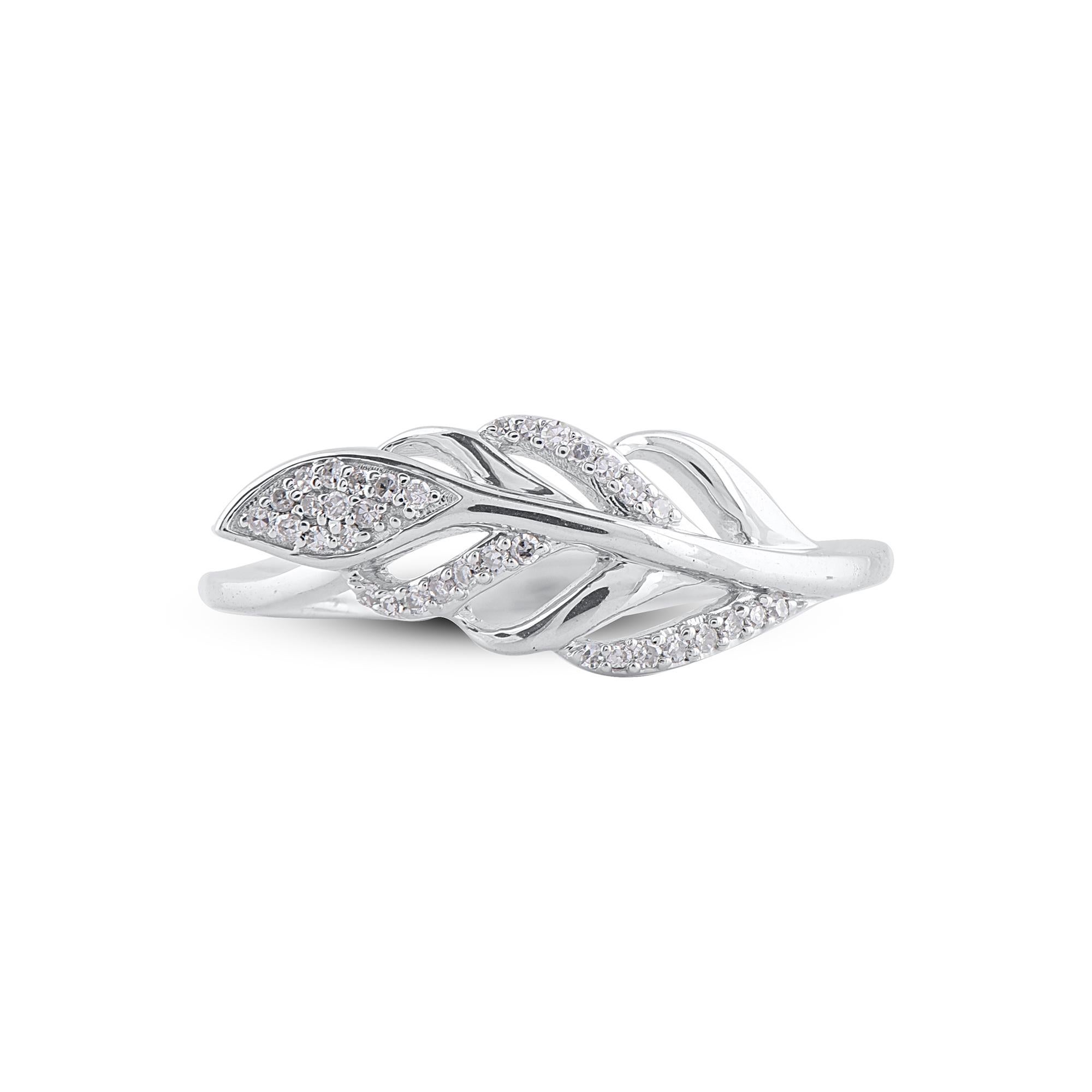 Find an enchanting new look when you wear this diamond feather ring. Beautifully crafted by our inhouse experts in 14 karat white gold and embellished with 35 single cut round diamond set in prong setting. Total diamond weight is 0.10 carat. The