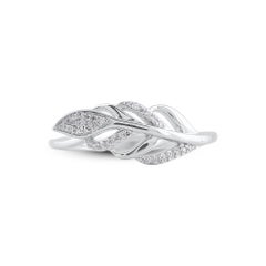 TJD 0.10 Carat Natural Round Diamond 14 Karat White Gold Feather Ring