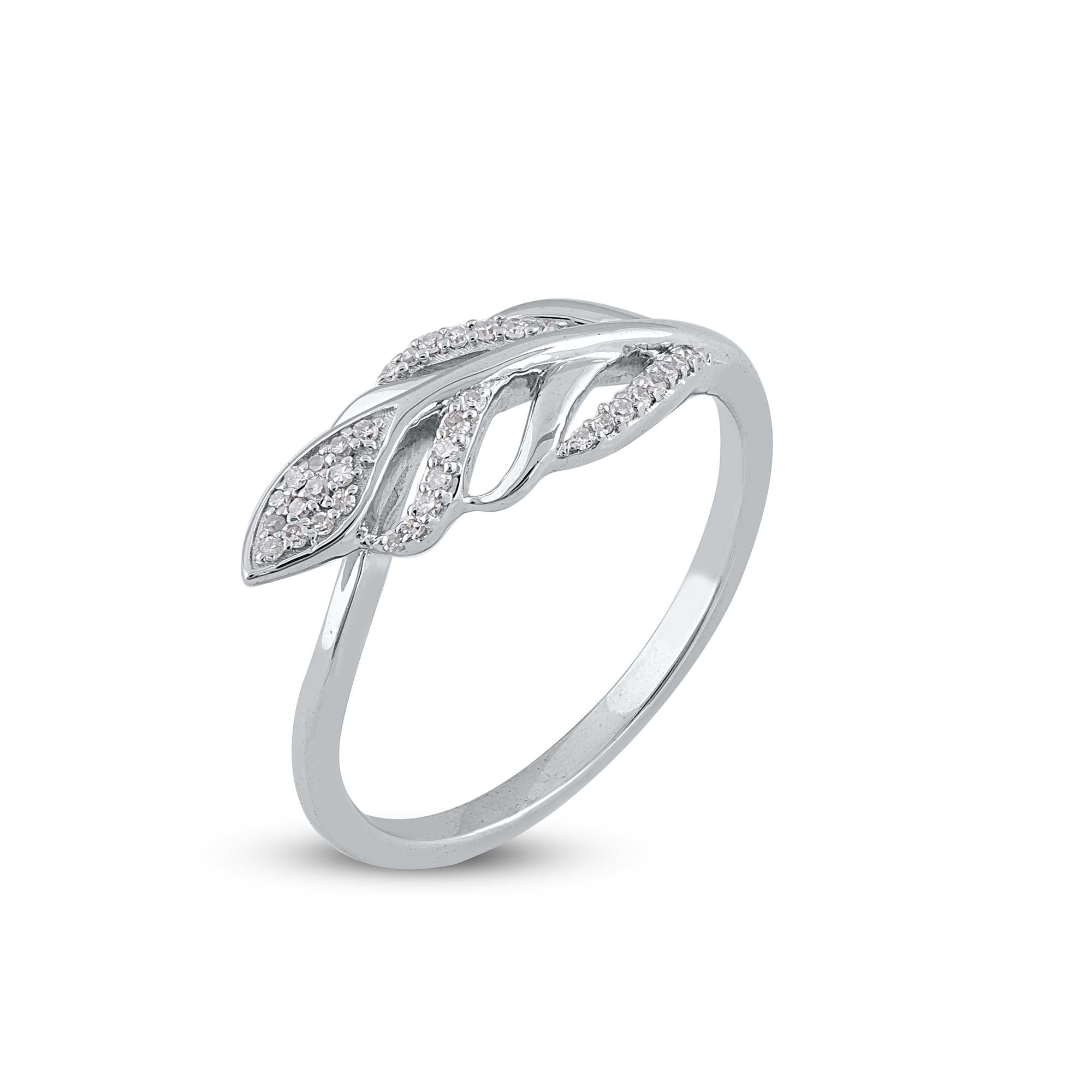 Modern TJD 0.10 Carat Natural Round Diamond 14 Karat White Gold Feather Ring For Sale