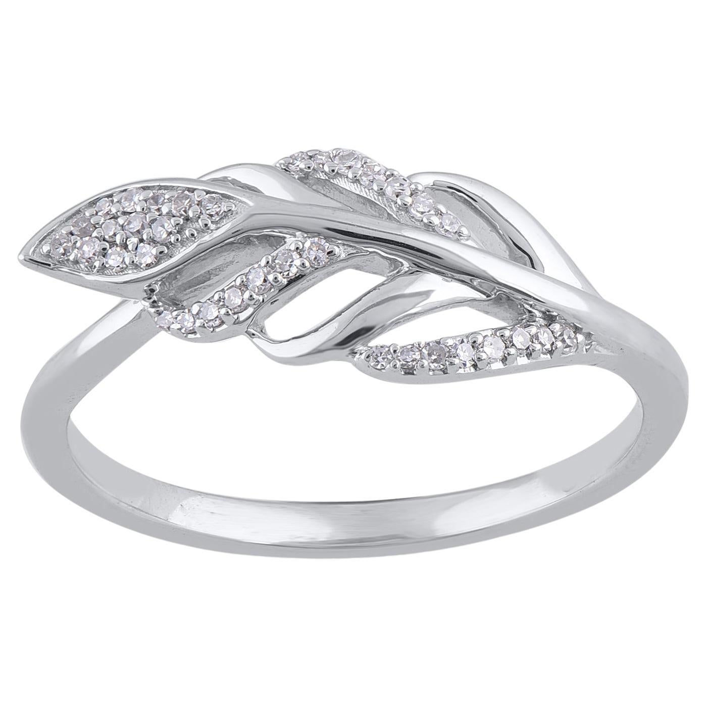 TJD 0.10 Carat Natural Round Diamond 14 Karat White Gold Feather Ring For Sale