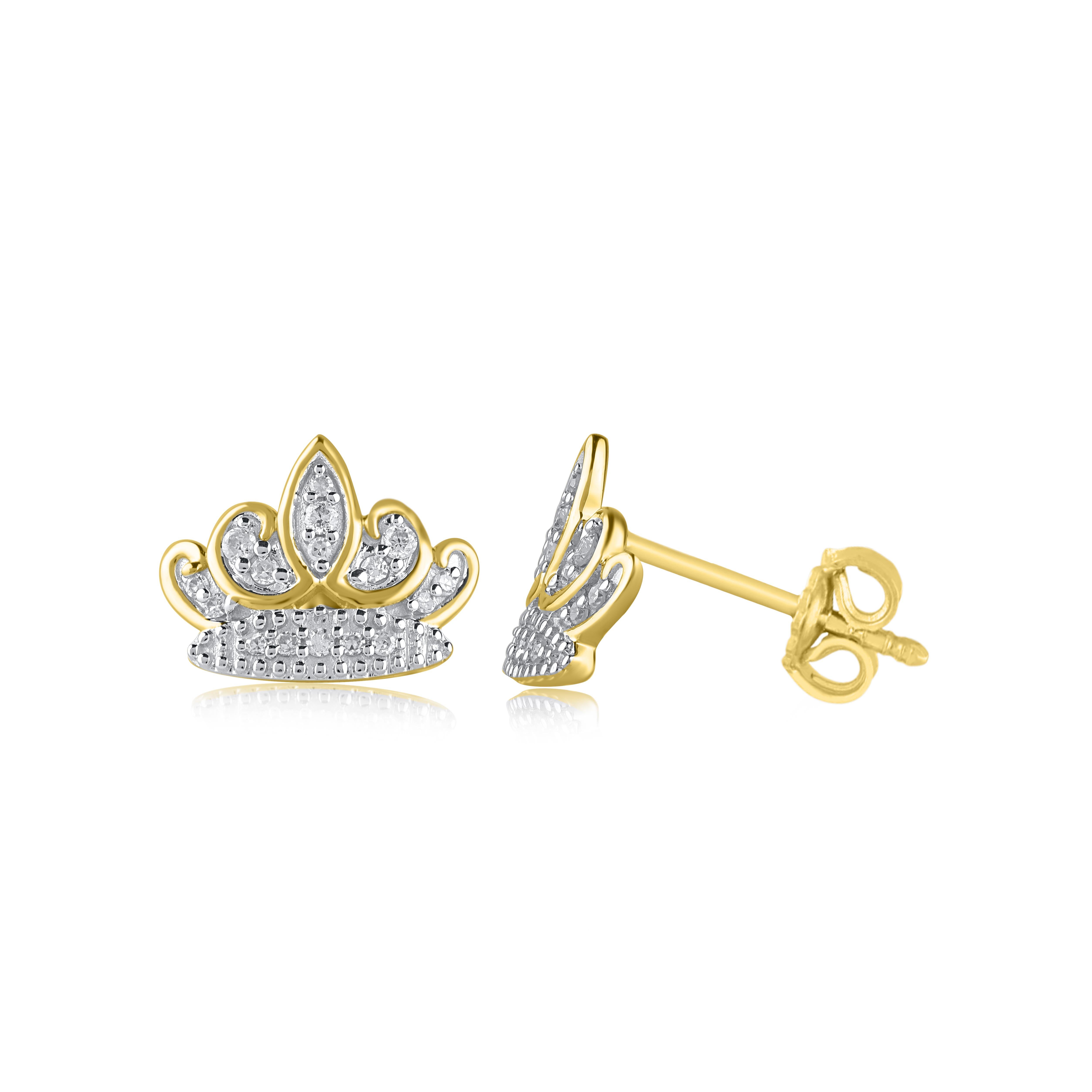 Round Cut TJD 0.10 Carat Natural Round Diamond 14 Karat Yellow Gold Crown stud earrings For Sale