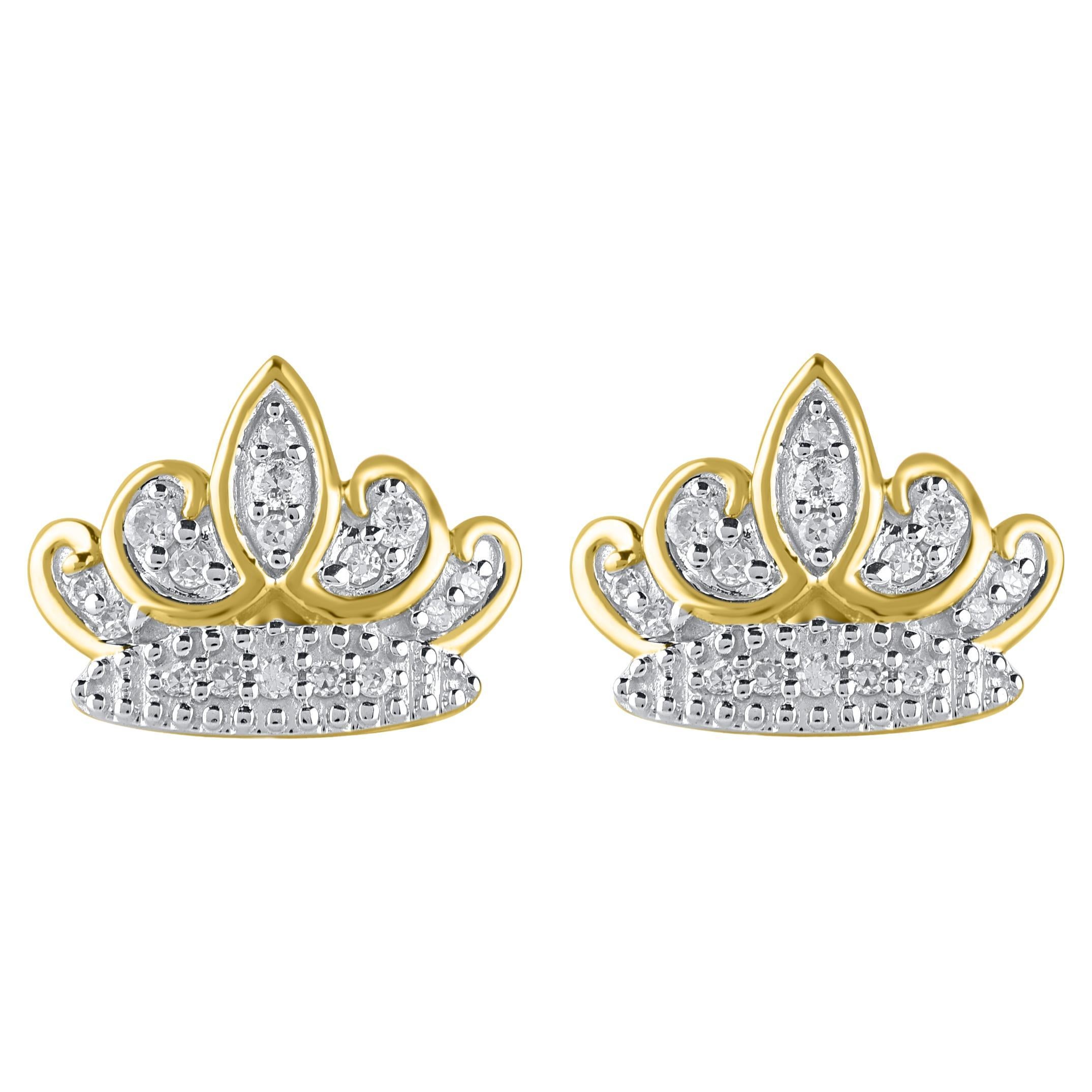 TJD 0,10 Karat Natürlicher Runder Diamant 14 Karat Gelbgold Crown Ohrstecker im Angebot