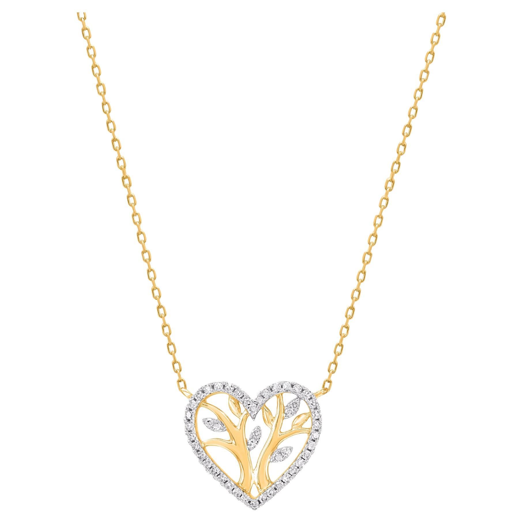 TJD 0.10 Carat Natural Round Diamond 14 Karat Yellow Gold Heart Pendant Necklace For Sale