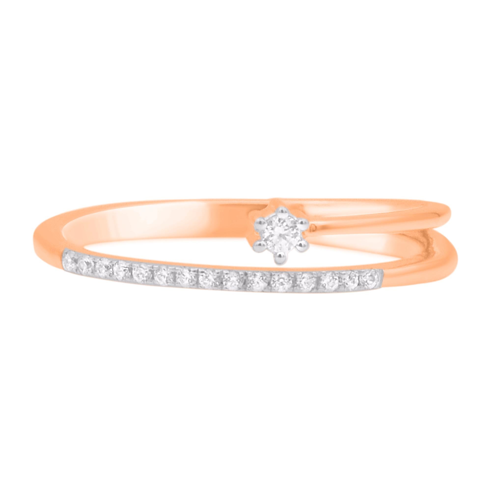 Celebrate a love that flows naturally with this stunning rose gold diamond ring. Beautifully crafted by our inhouse experts in 14 karat rose gold and embellished with 16 round diamonds set in prong setting. Total diamond weight is 0.10 carat. The