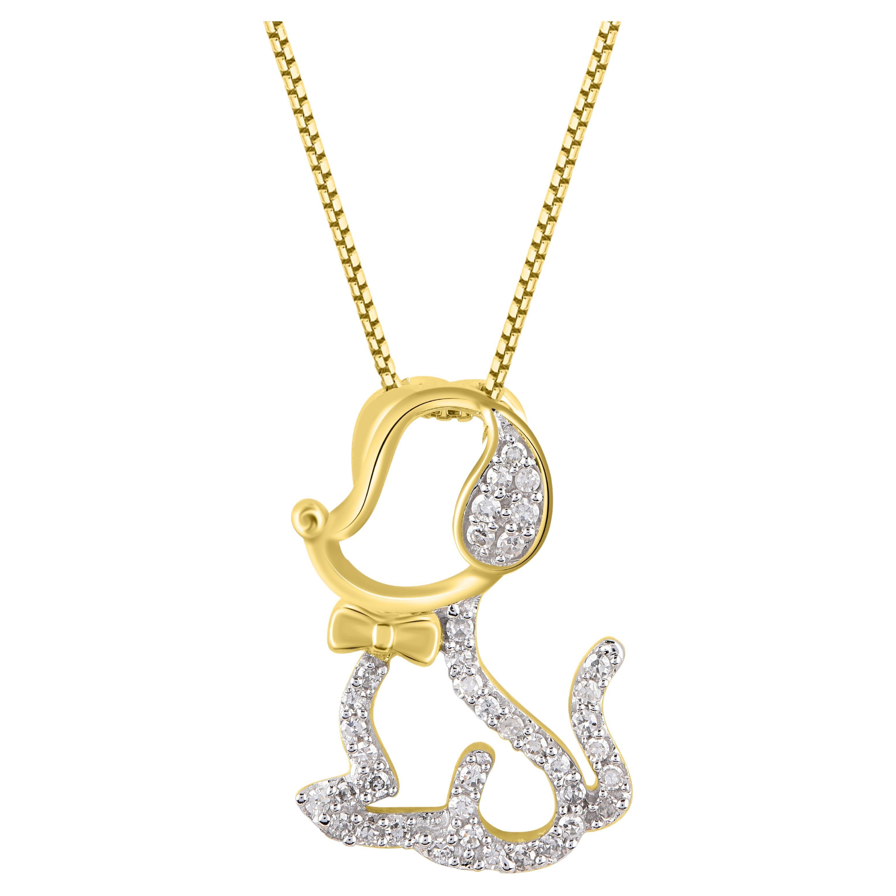 TJD 0.10 Carat Natural Round Diamond 14KT Yellow Gold Puppy Dog Pendant Necklace For Sale