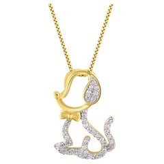 TJD 0.10 Carat Natural Round Diamond 14KT Yellow Gold Puppy Dog Pendant Necklace