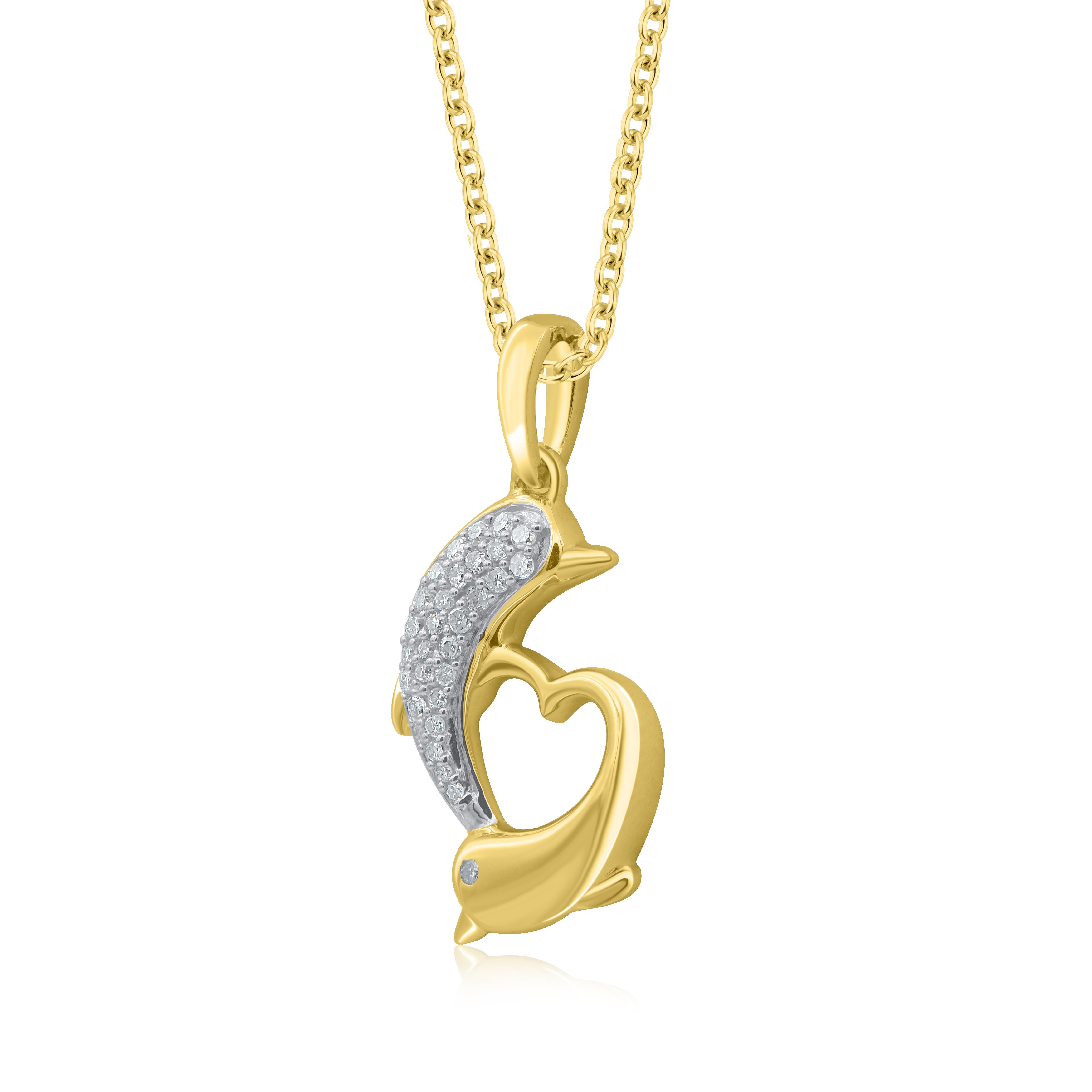A striking addition when worn on its own, this diamond pendant makes a stunning impression. This dolphin pendant is crafted from 14-karat yellow gold and features 30 single cut diamonds set in pave & flush setting. H-I color I2 clarity and a high