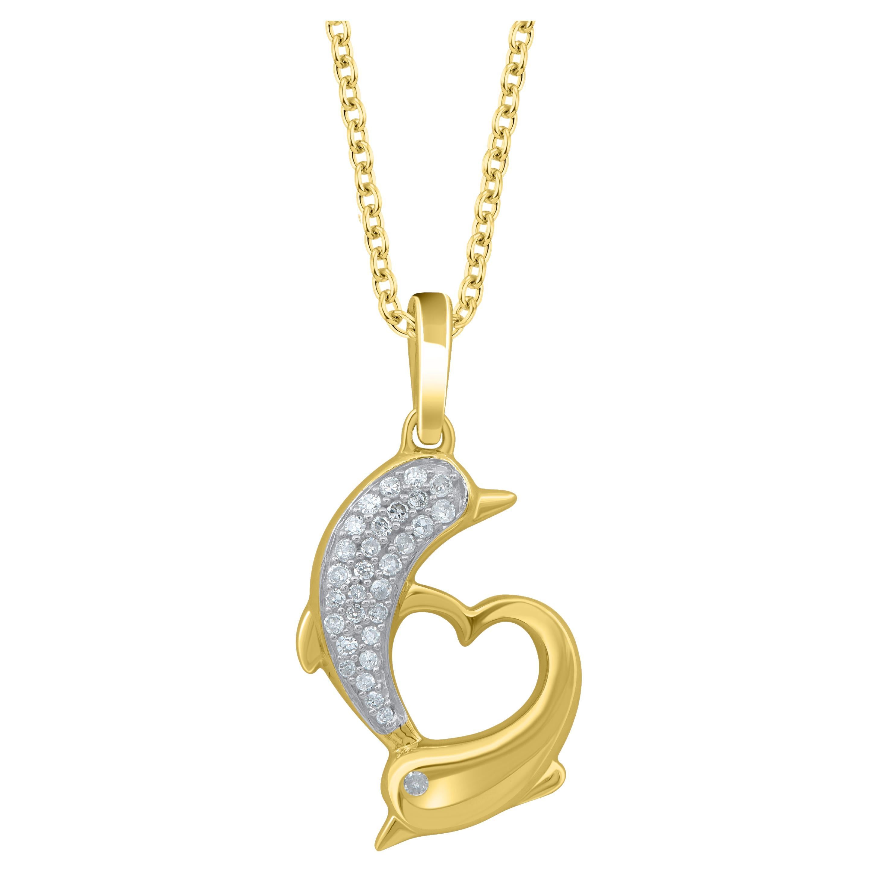 TJD 0.10 Carat Natural Round Diamond 14KT Yellow Gold Yin Yang Dolphin Pendant For Sale