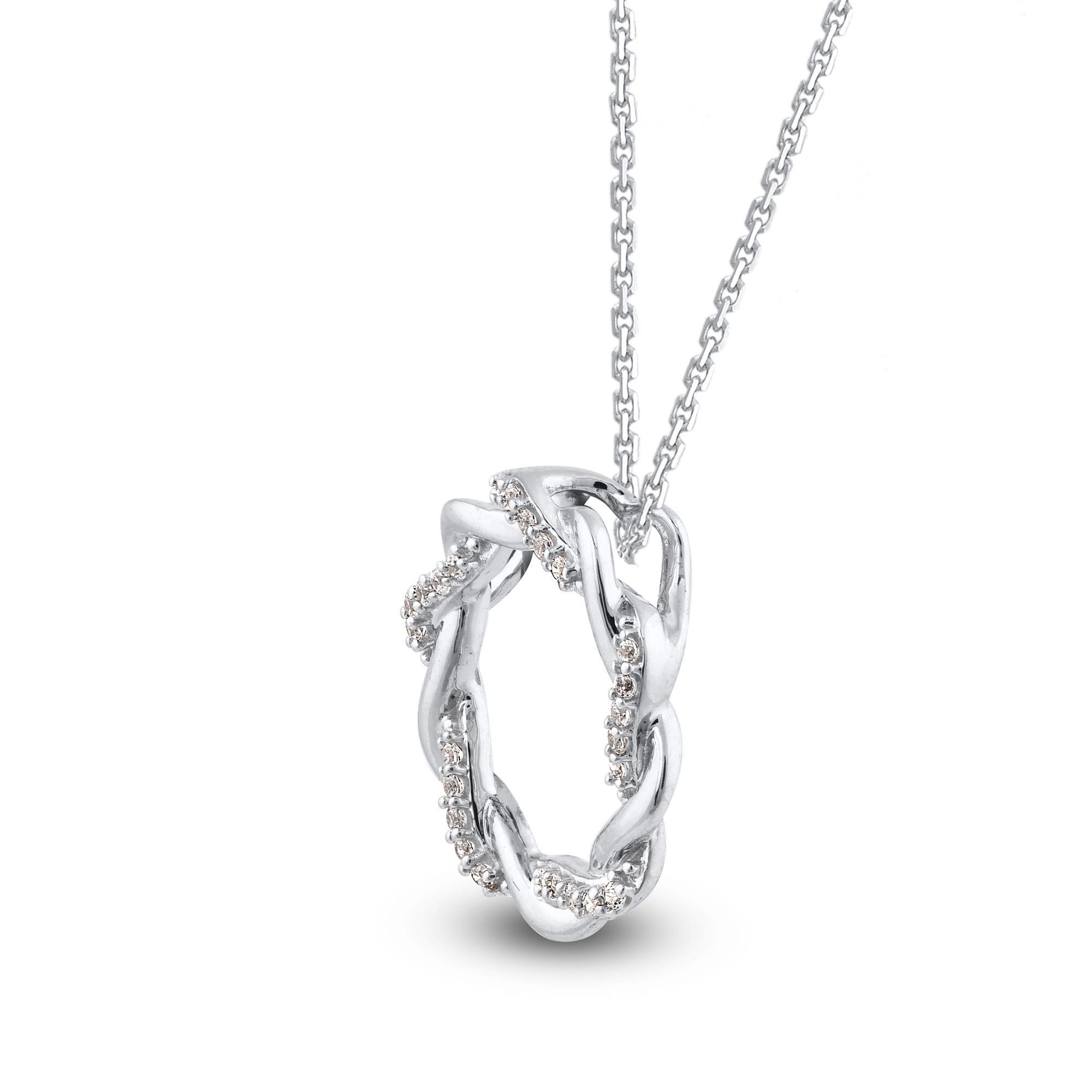 Simple and elegant, this twist open circle eternity pendant are studded with 25 round single cut natural diamonds in prong setting and crafted in 18kt white gold. Diamonds are graded as H-I color and I-2 clarity. Pendant suspends along a cable chain