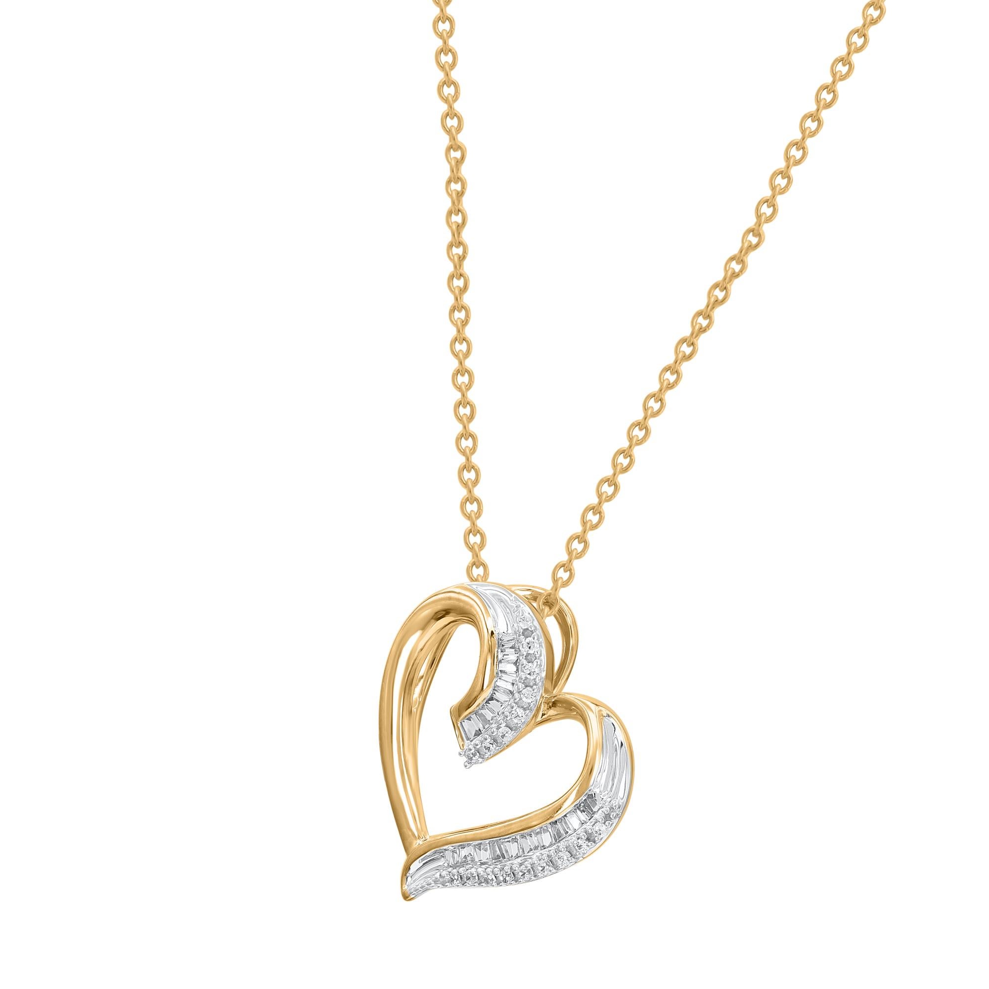 Bring charm to your look with this diamond tilted heart pendant. The pendant is crafted from 18 karat gold and features 42 round and baguette-cut white diamond set in  prong and channel set and a high polish finish complete the Brilliant