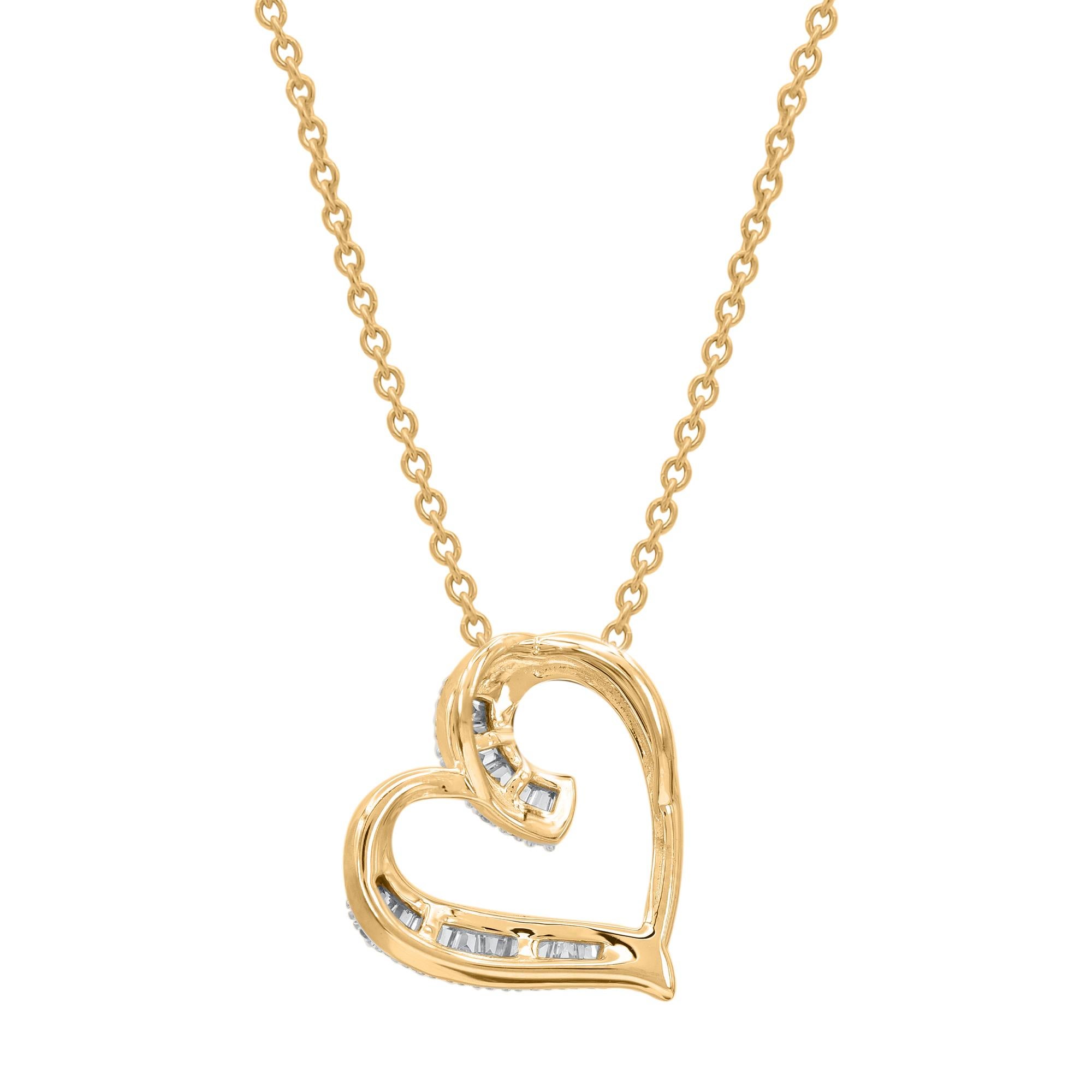 Romantic TJD 0.10 Carat Round & Baguette Cut Diamond 18KT Gold Tilted Heart Pendant For Sale