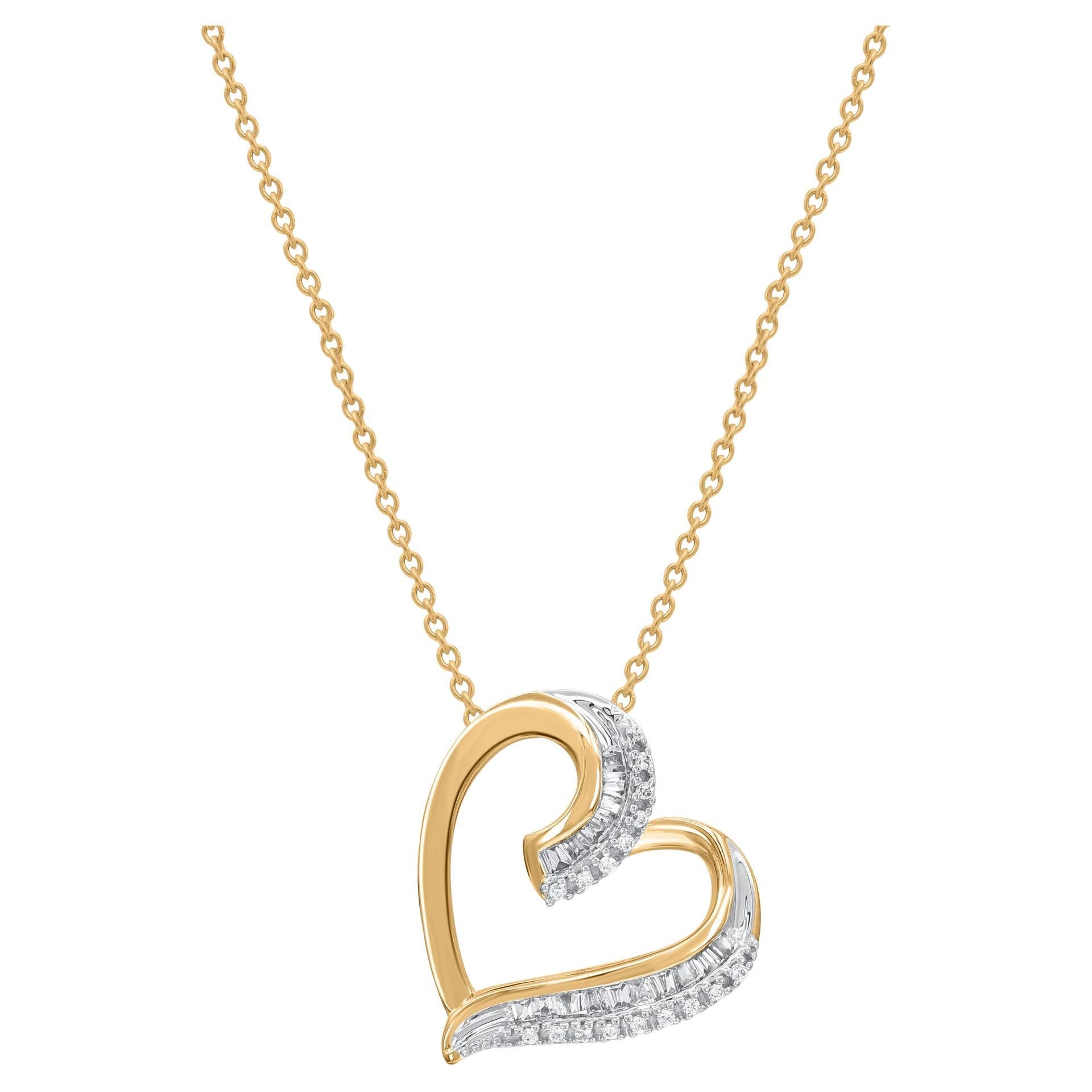 TJD 0.10 Carat Round & Baguette Cut Diamond 18KT Gold Tilted Heart Pendant For Sale
