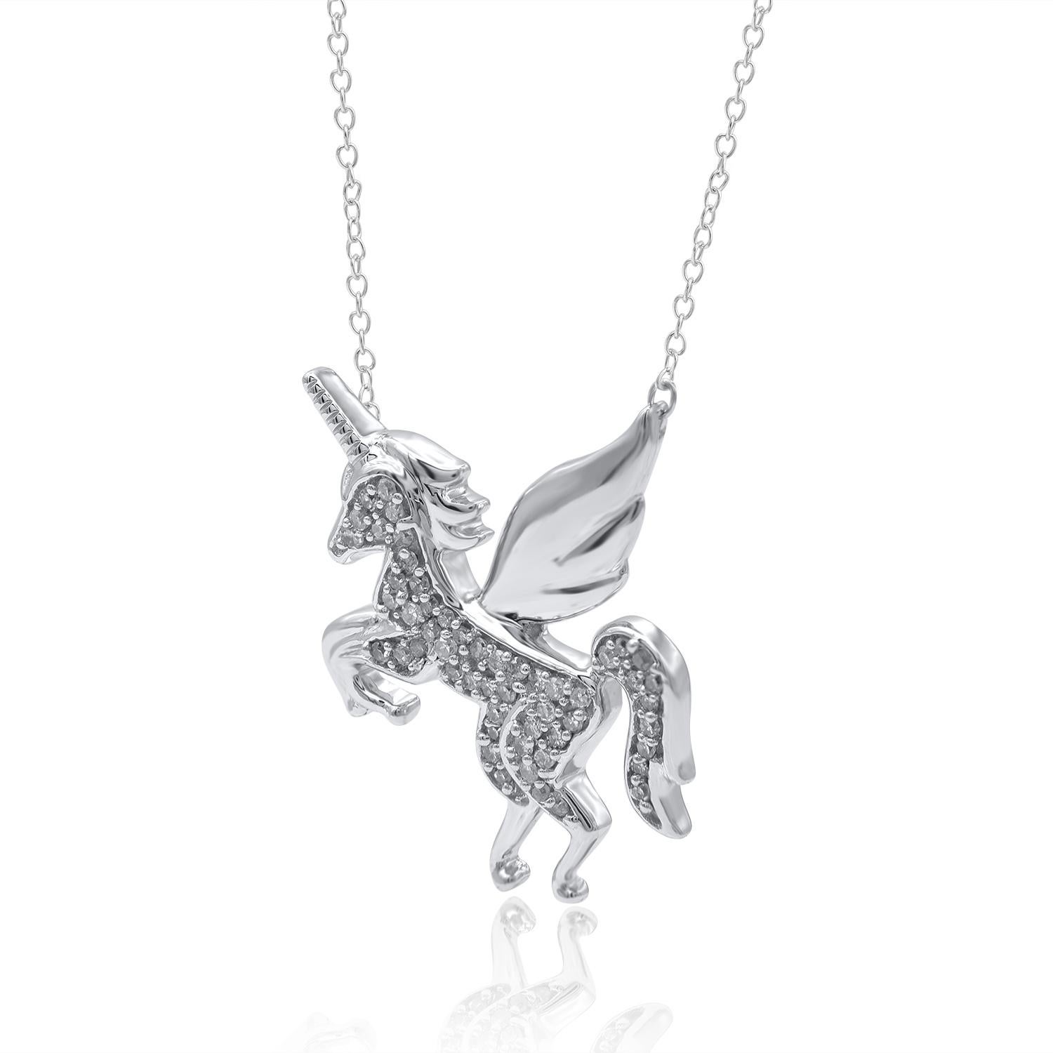 This sparkling unicorn pendant is delightful choice. Hand-crafted by our in-house experts in 14 karat white gold and studded with 53 round single cut diamond in pave setting. he white diamonds are graded as H-I color and I2 clarity. The total