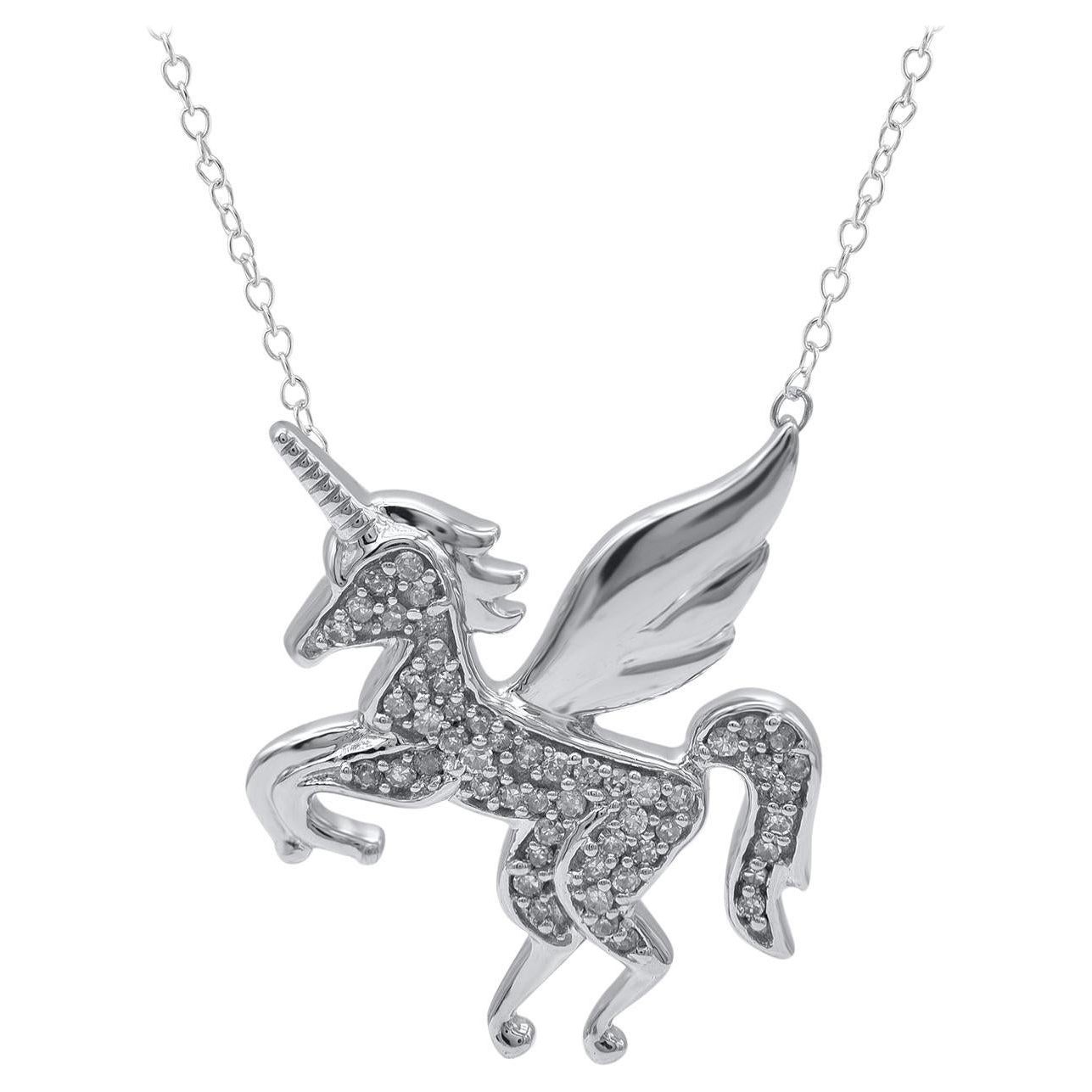 TJD 0.10 Carat Round Cut Diamond 14 Karat White Gold Unicorn Pendant Necklace
