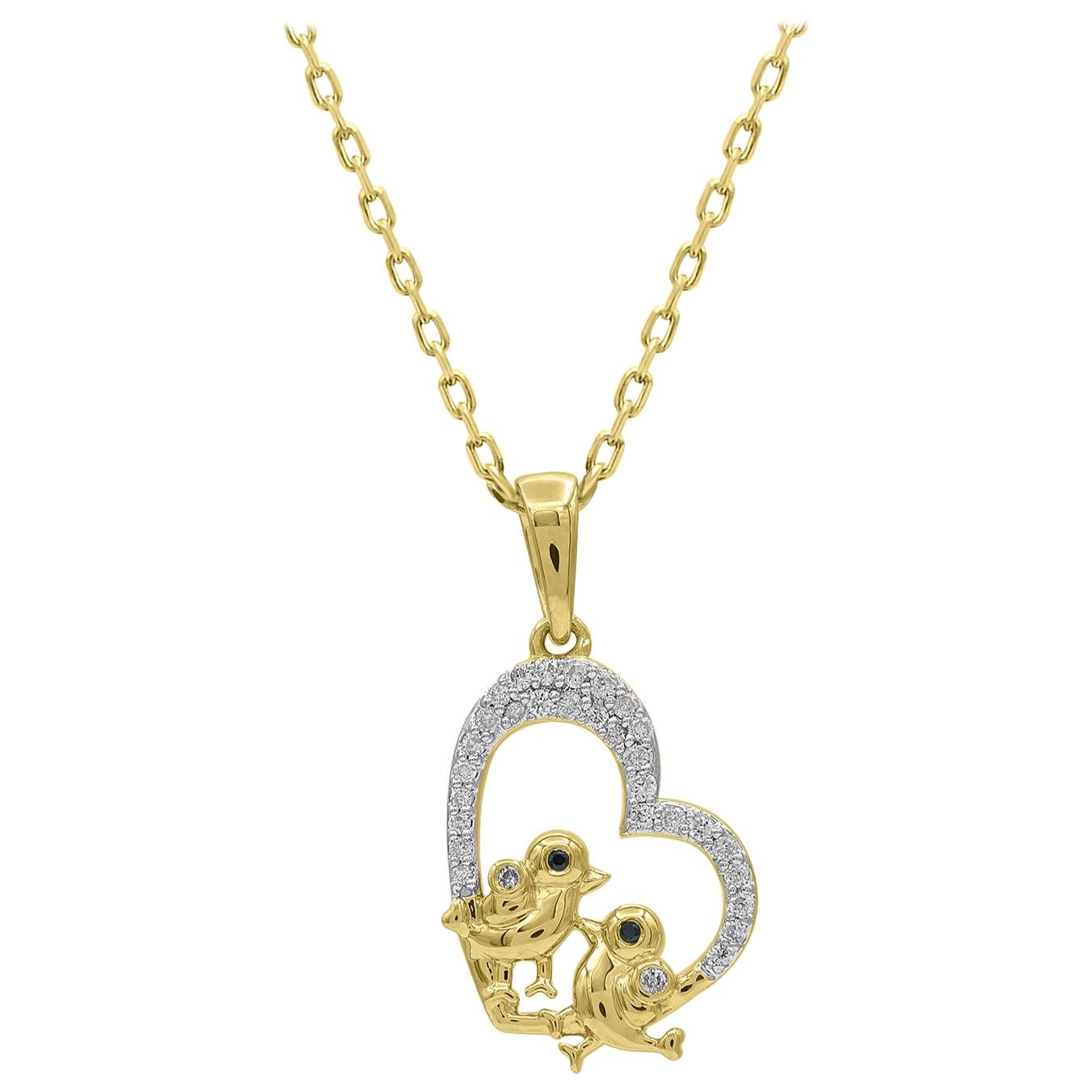 TJD 0.10 Carat Round Diamond 14 Kt Yellow Gold Love Birds Designer Heart Pendant For Sale