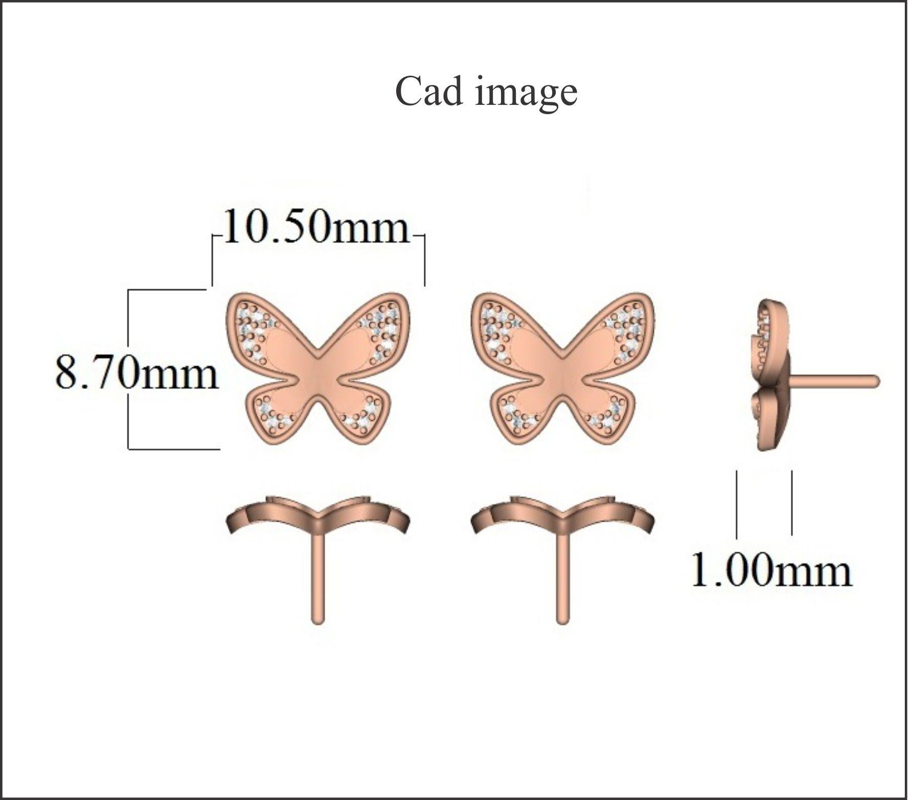 These exquisite diamond butterfly stud earrings offer beauty equaled only to her own. These earrings feature 40 round diamond set in pave setting and crafted in 14 Karat Rose Gold. These butterfly stud earrings secure comfortably with post and back.
