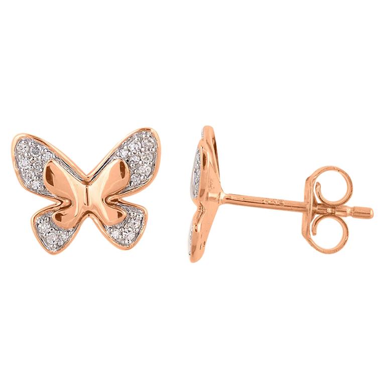 TJD 0.10 Carat Round Diamond 14 Karat Rose Gold Designer Butterfly Stud Earrings For Sale