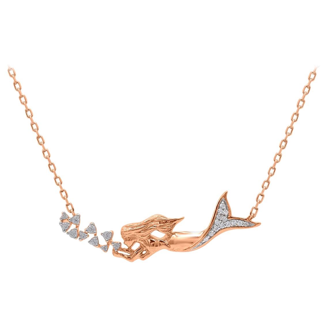 TJD 0.10 Carat Round Diamond 14 Karat Rose Gold Mermaid Motif Diamond Pendant