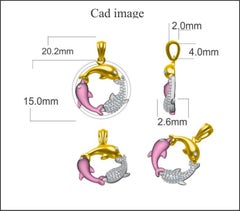 TJD 0.10 Carat Round Diamond 14 Karat Tri Colour Gold Designer Dolphin Pendant
