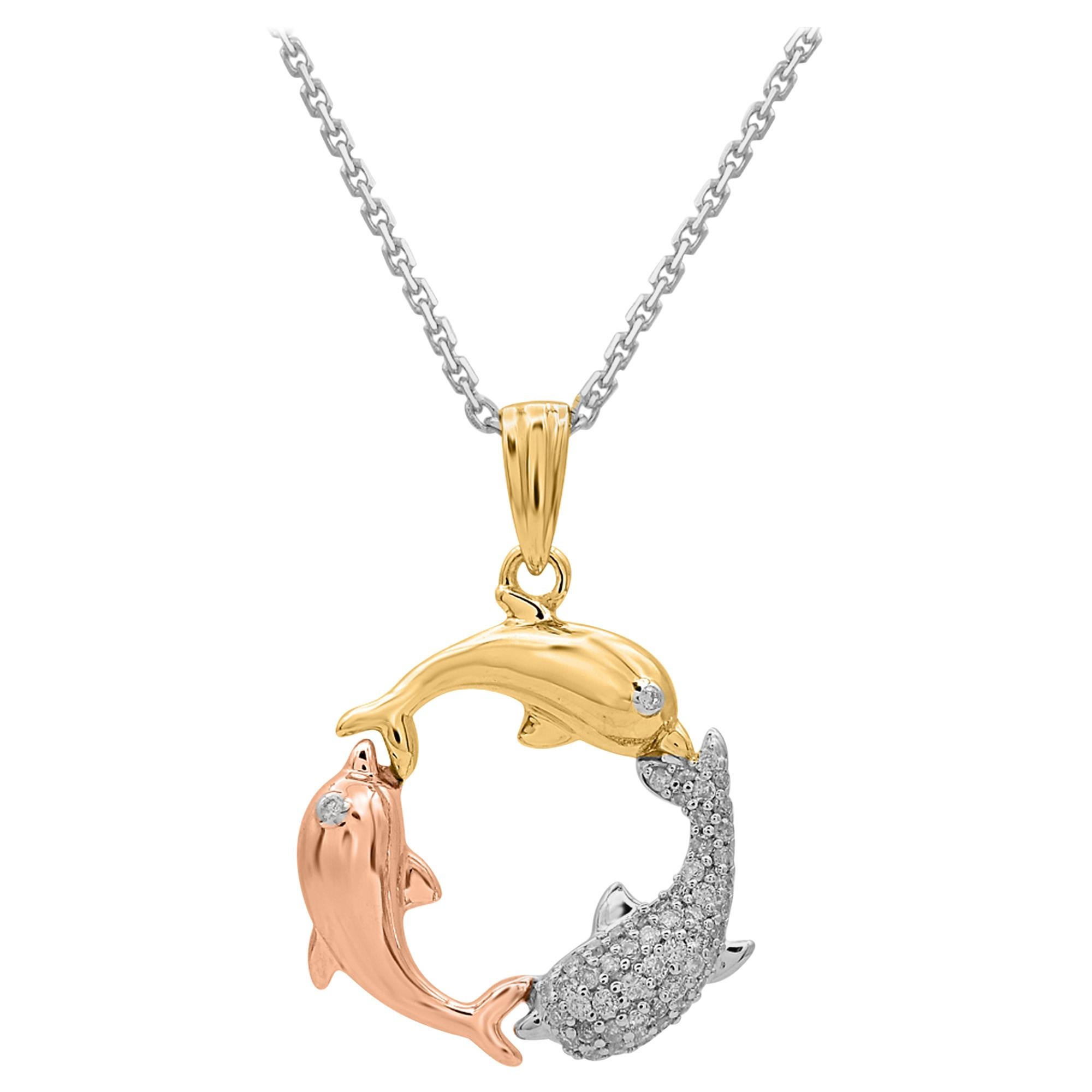 TJD 0.10 Carat Round Diamond 14 Karat Tri Colour Gold Designer Dolphin Pendant