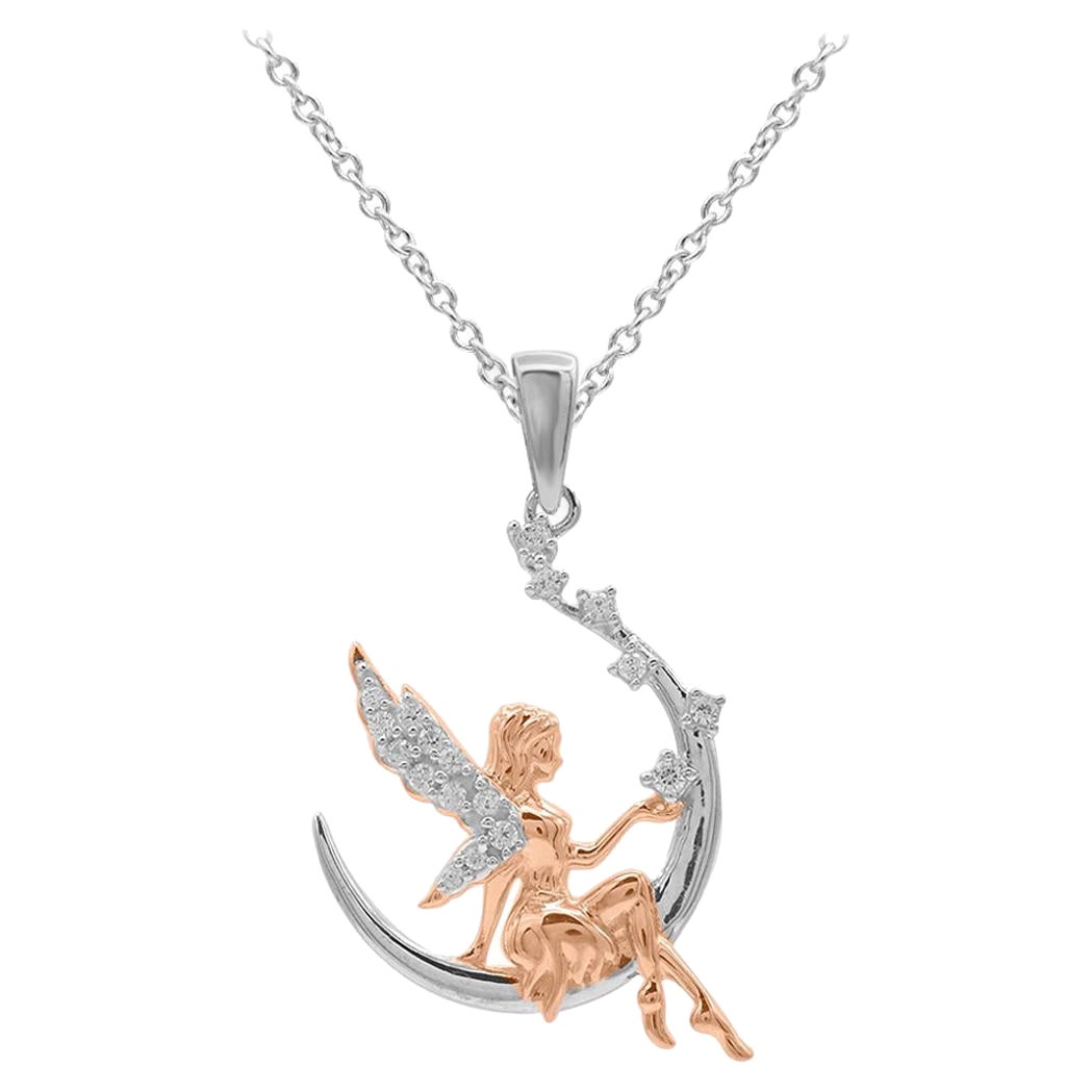 TJD 0.10 Carat Round Diamond 14 Karat Two Toned Gold Crescent Moon Angel Pendant For Sale