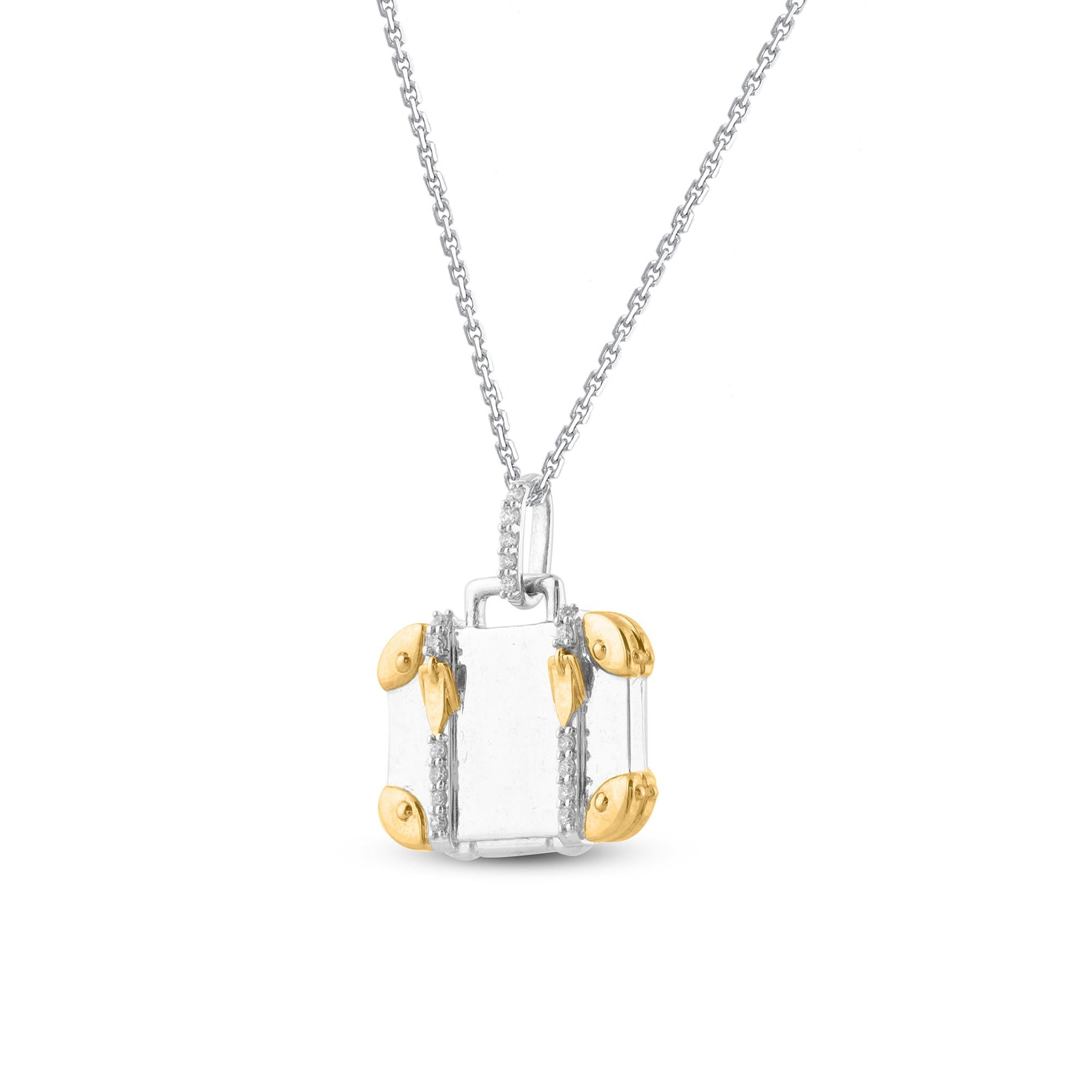Moderno TJD 0,10 Carat Round Diamond 14 Karat Two Toned Gold Ciondolo a forma di valigetta di design in vendita