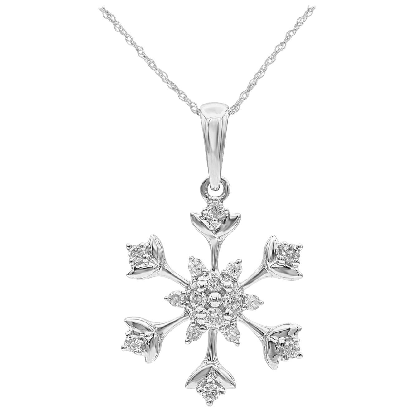 TJD 0.10 Carat Round Diamond 14 Karat White Gold Designer Snowflake Pendant