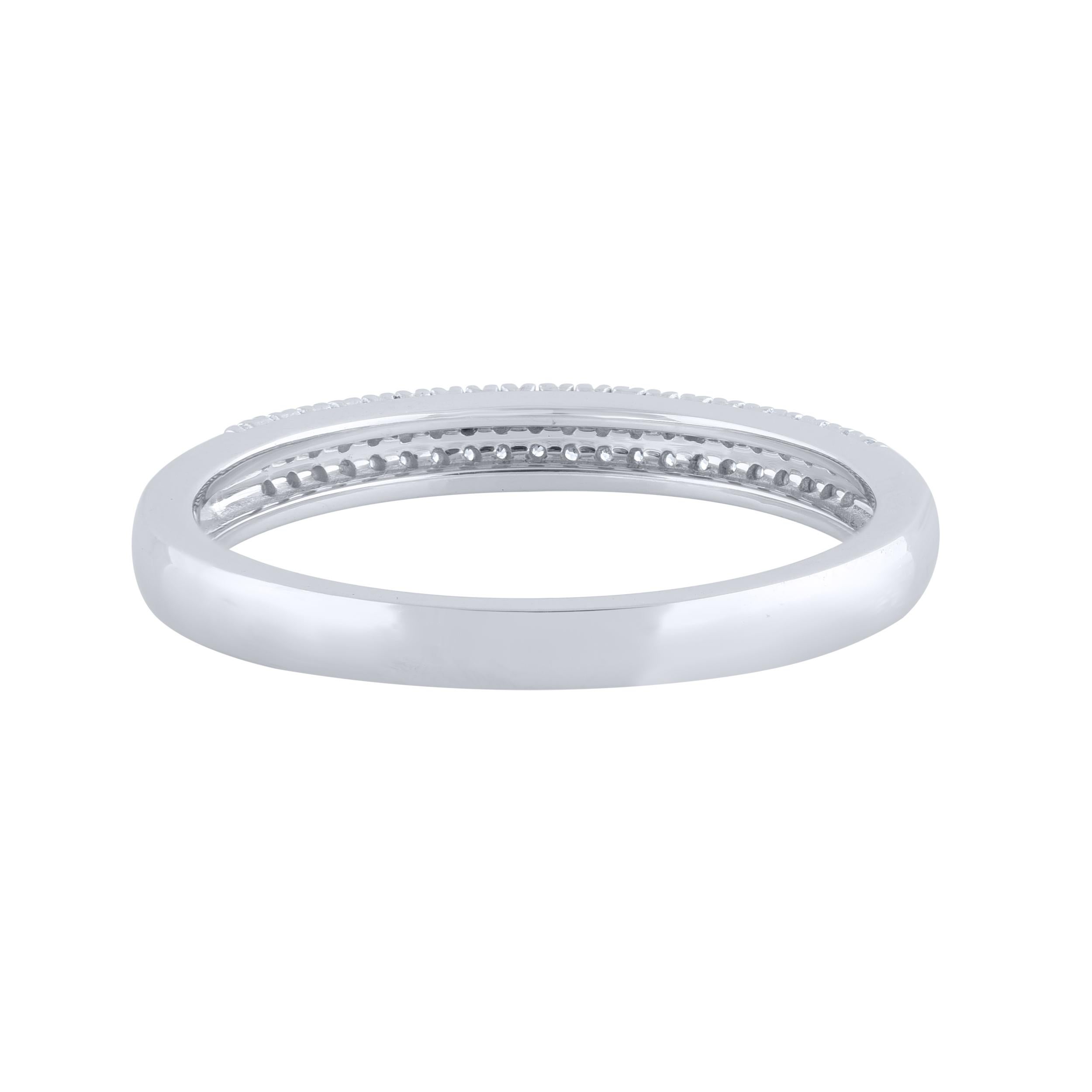 A bright and beautiful choice for any occasion, this sparkling diamond wedding band gives her a moment to remember. The ring is crafted from 14-karat white gold and features round single cut 42 diamonds prong set, H-I color I-2 clarity and a high