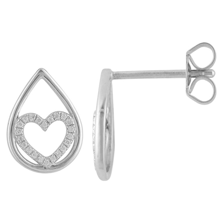TJD 0.10 Carat Round Diamond 14 Karat White Gold Teardrop Heart Stud Earrings