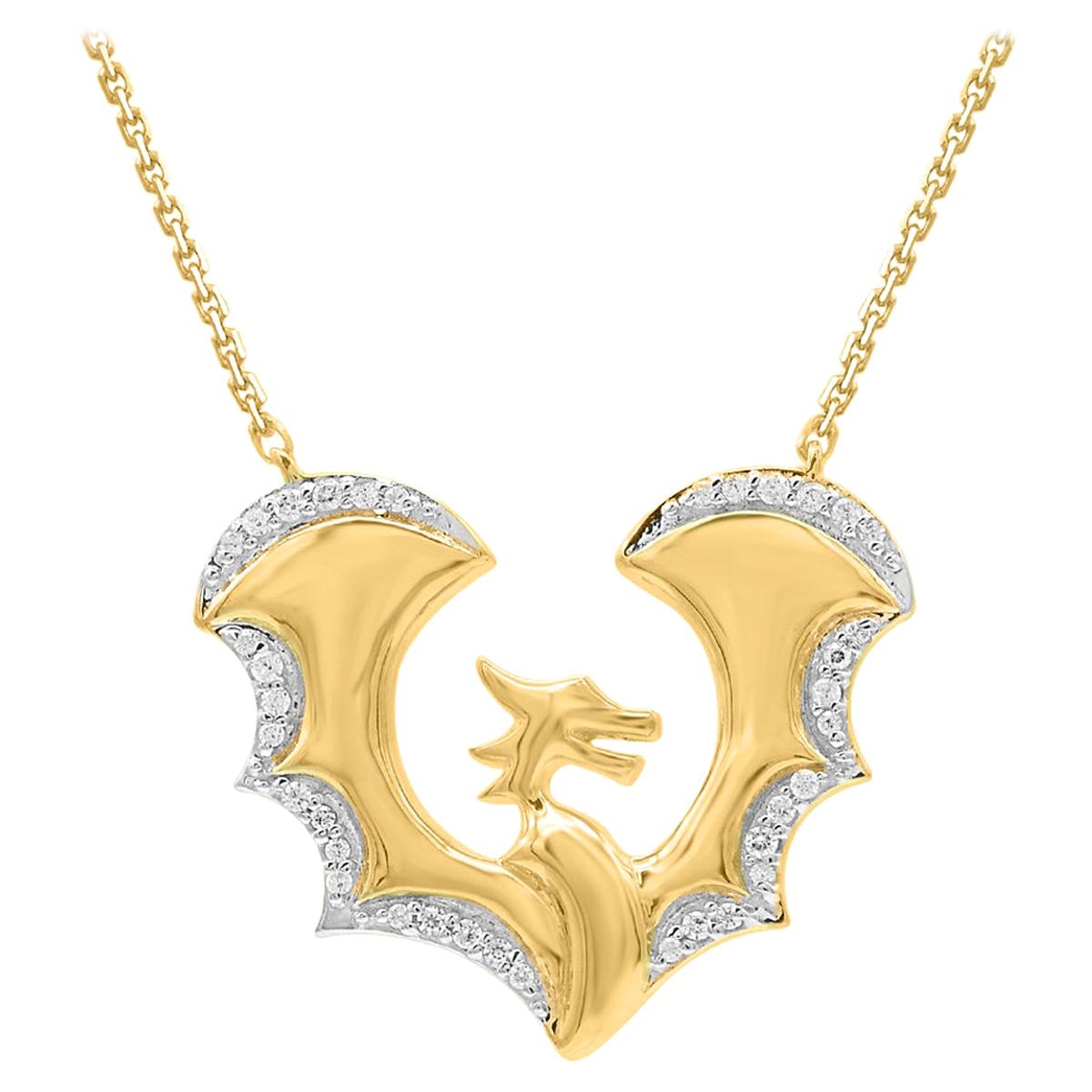 TJD 0.10 Carat Round Diamond 14 Karat Yellow Gold Designer Flying Dragon Pendant For Sale