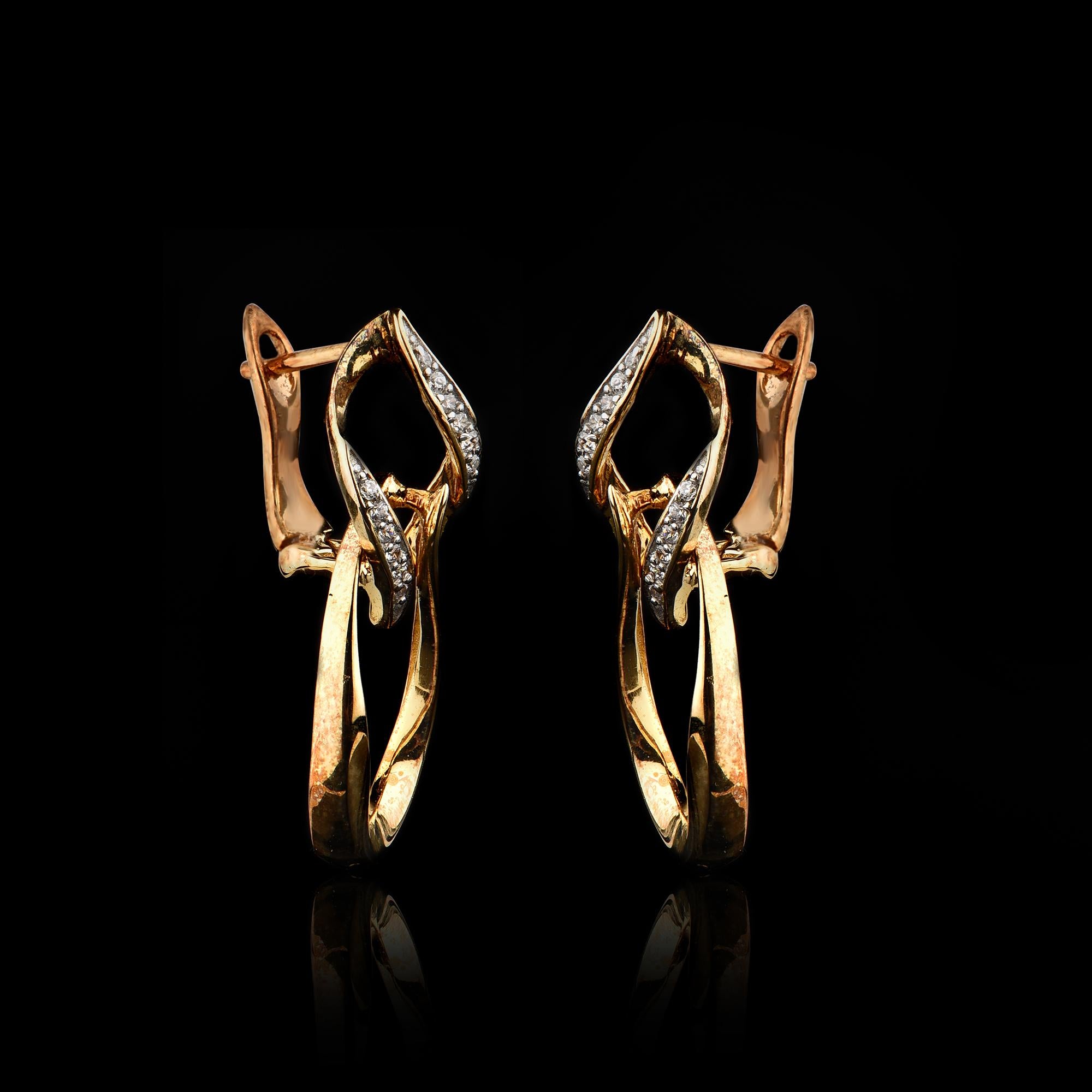 Modern TJD 0.10 Carat Round Diamond 14 Karat Yellow Gold Door Knocker Hoop Earrings For Sale