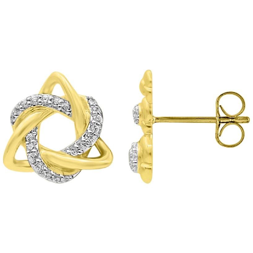 TJD 0.08 Carat Round Diamond 14 Karat Yellow Gold Love Knot Stud Earrings For Sale