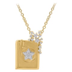 TJD 0.10 Carat Round Diamond 14 Karat Yellow Gold Magical Book Designer Pendant