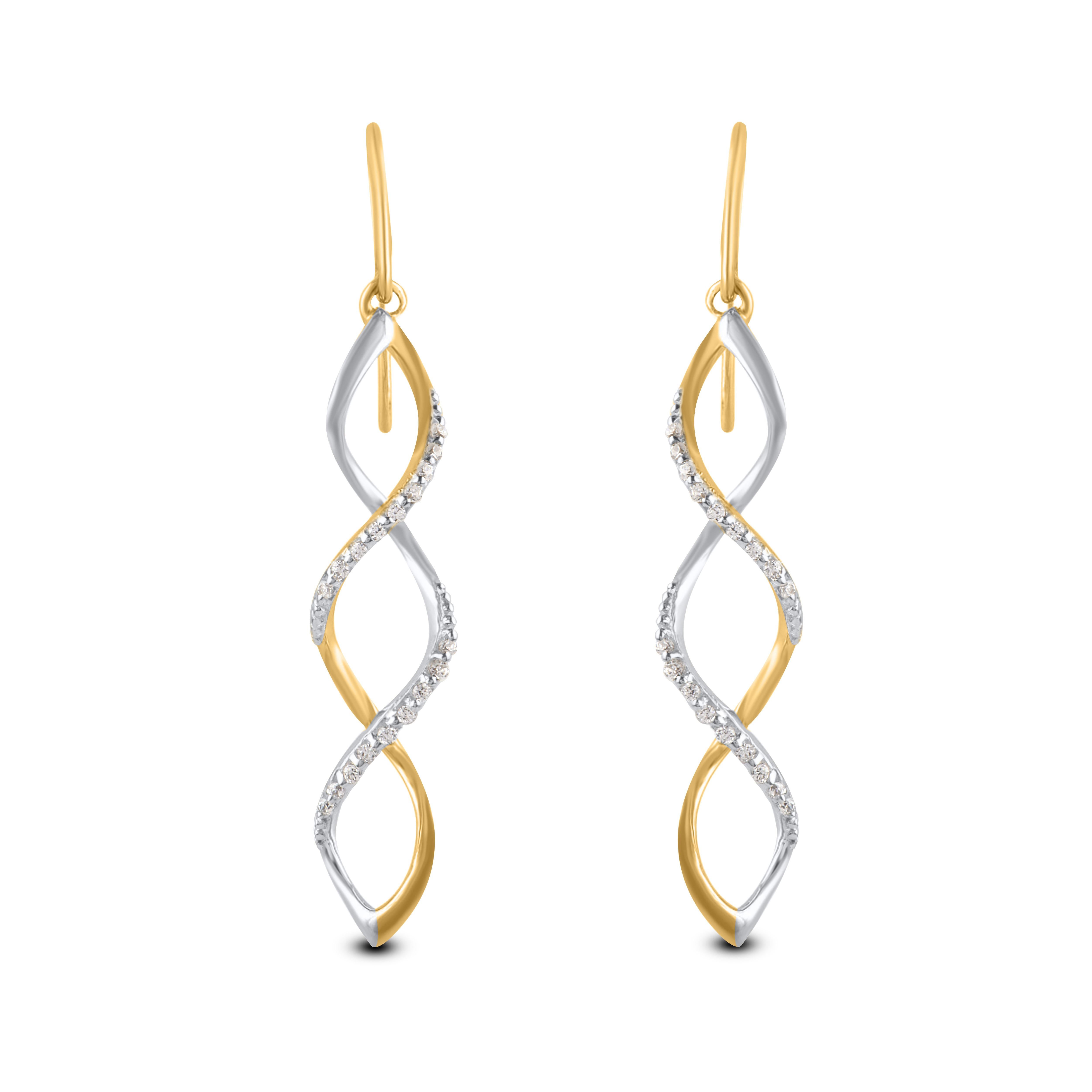 Ces boucles d'oreilles pendantes en forme de tourbillon confèrent à vos tenues décontractées une touche d'éclat supplémentaire. Conçue en or blanc 14 carats, cette boucle d'oreille est ornée de 36 diamants ronds de taille brillant sertis en ruban,