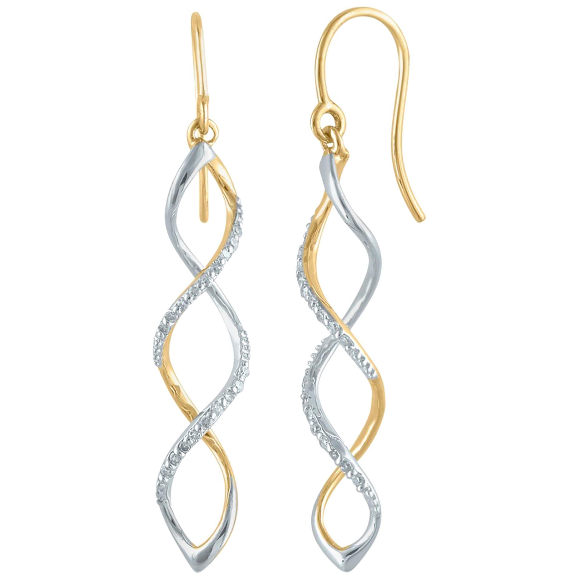TJD 0.10 Carat Round Diamond 14 Karat Yellow Gold Spiral Dangling Drop Earrings For Sale