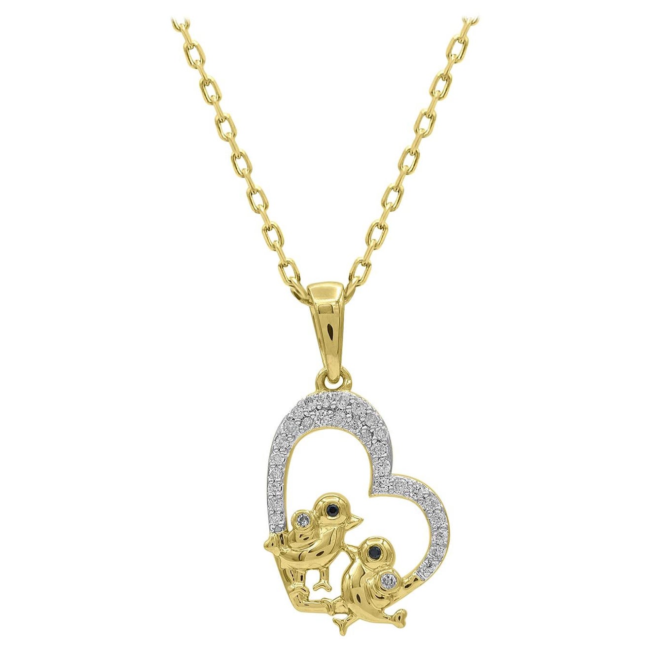 TJD 0.10 Carat Round Diamond 14 KT Yellow Gold Love Birds Designer Heart Pendant