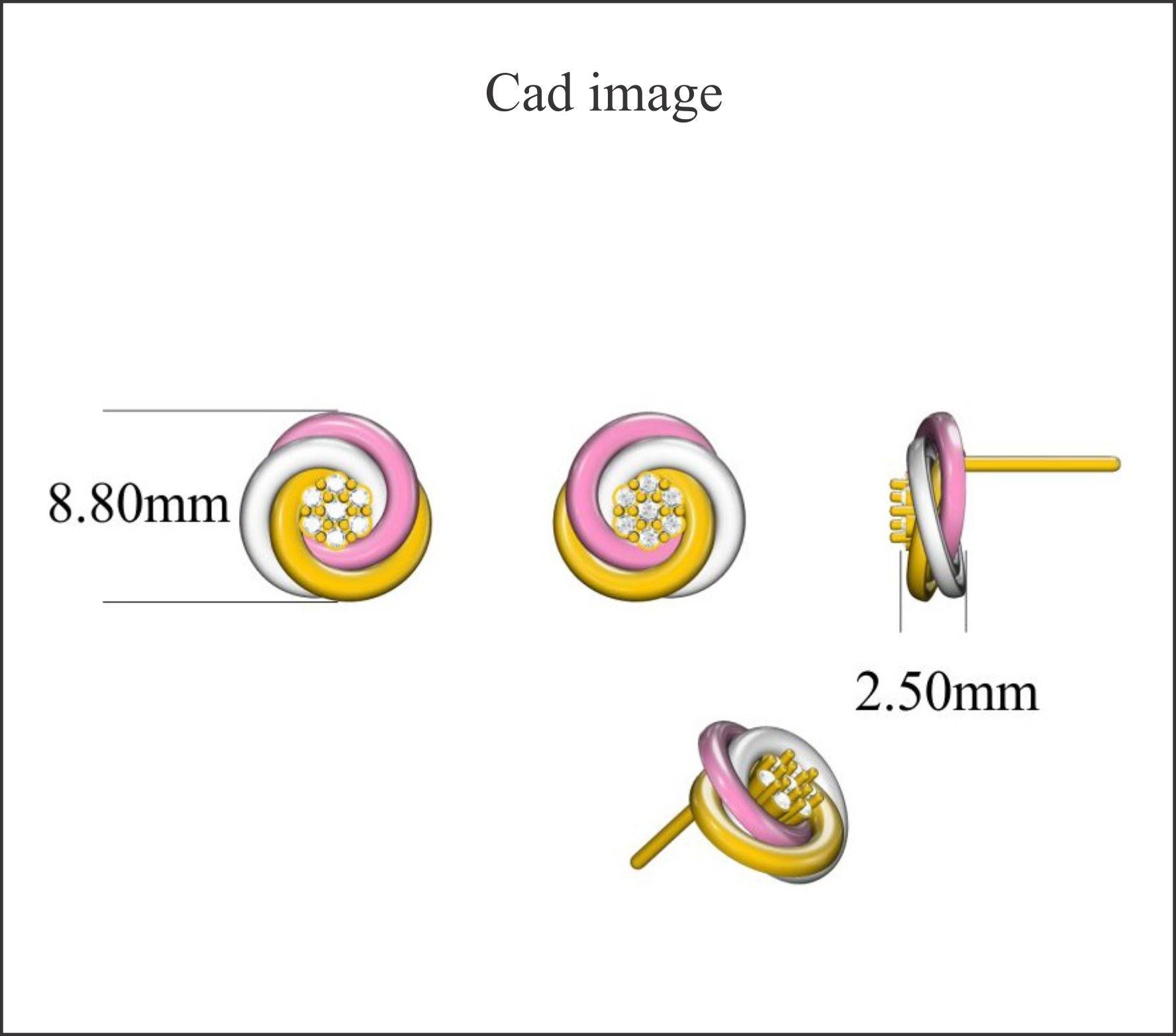 Expertly crafted in 14K solid tri color gold, this spiral design stud earring is cleverly filled with 14 round diamond set in prong setting, H-I color I2 clarity. Captivating with 0.10 carats diamonds and a bright polished shine, these sparkling