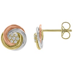 TJD 0.10 Carat Round Diamond 14K Tri Colour Gold Designer Spiral Stud Earrings