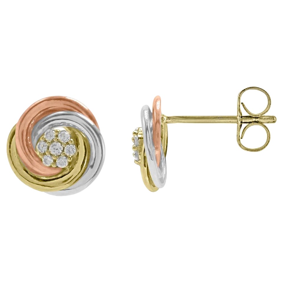 TJD 0.10 Carat Round Diamond 14K Tri Colour Gold Designer Spiral Stud Earrings