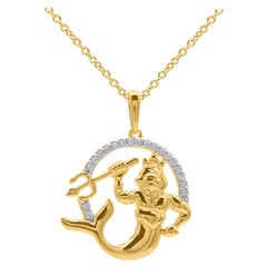 TJD 0.10 Carat Round Diamond 14K Yellow Gold Aqua Mermaid King Fashion Pendant