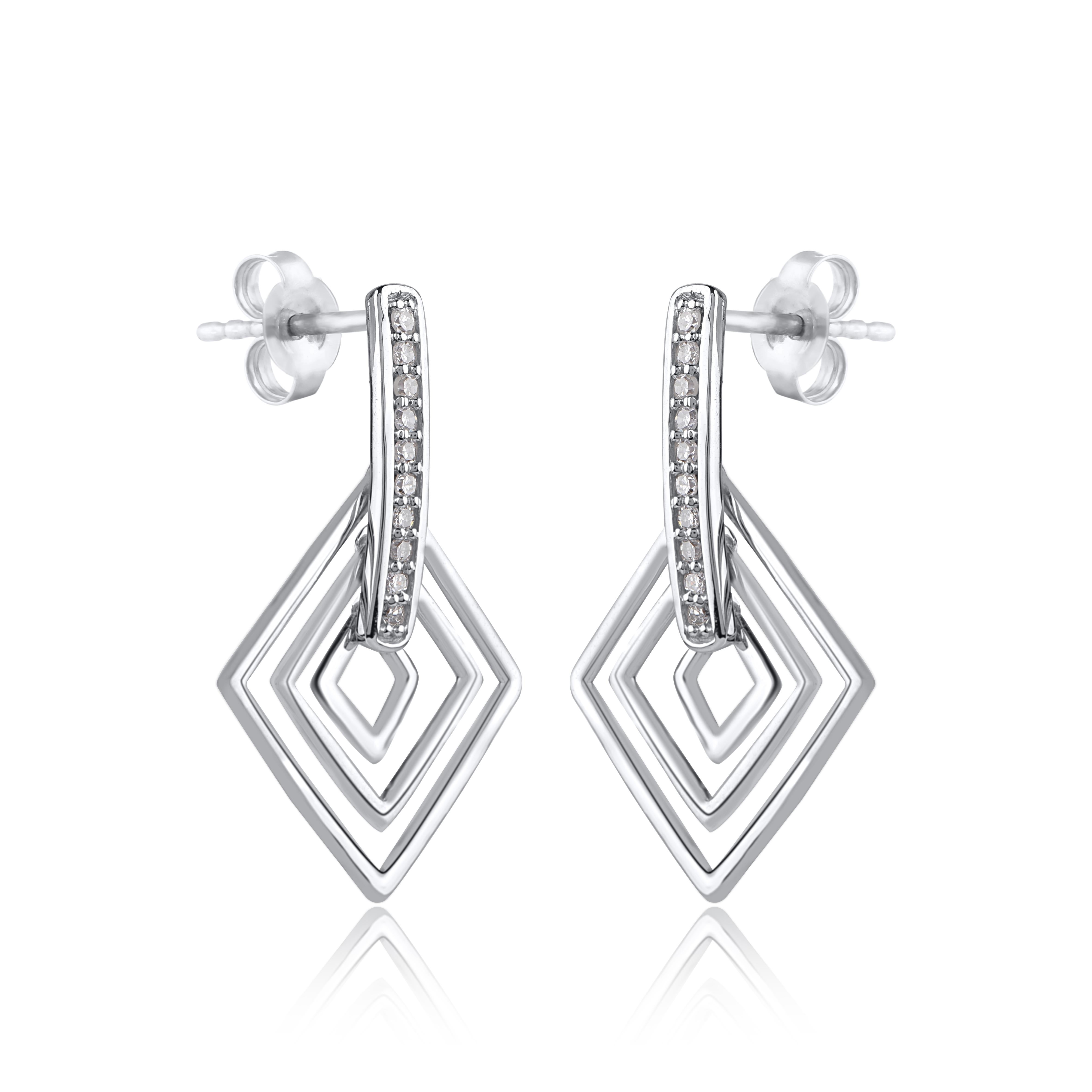 Smart and unique, these diamond dangle earrings are perfect for gifting. Made by in 14 karat white gold and accentuated with 20 round diamond in pave setting, which shines in H-I color I2 clarity. polished to a bright shine, these hoop earrings