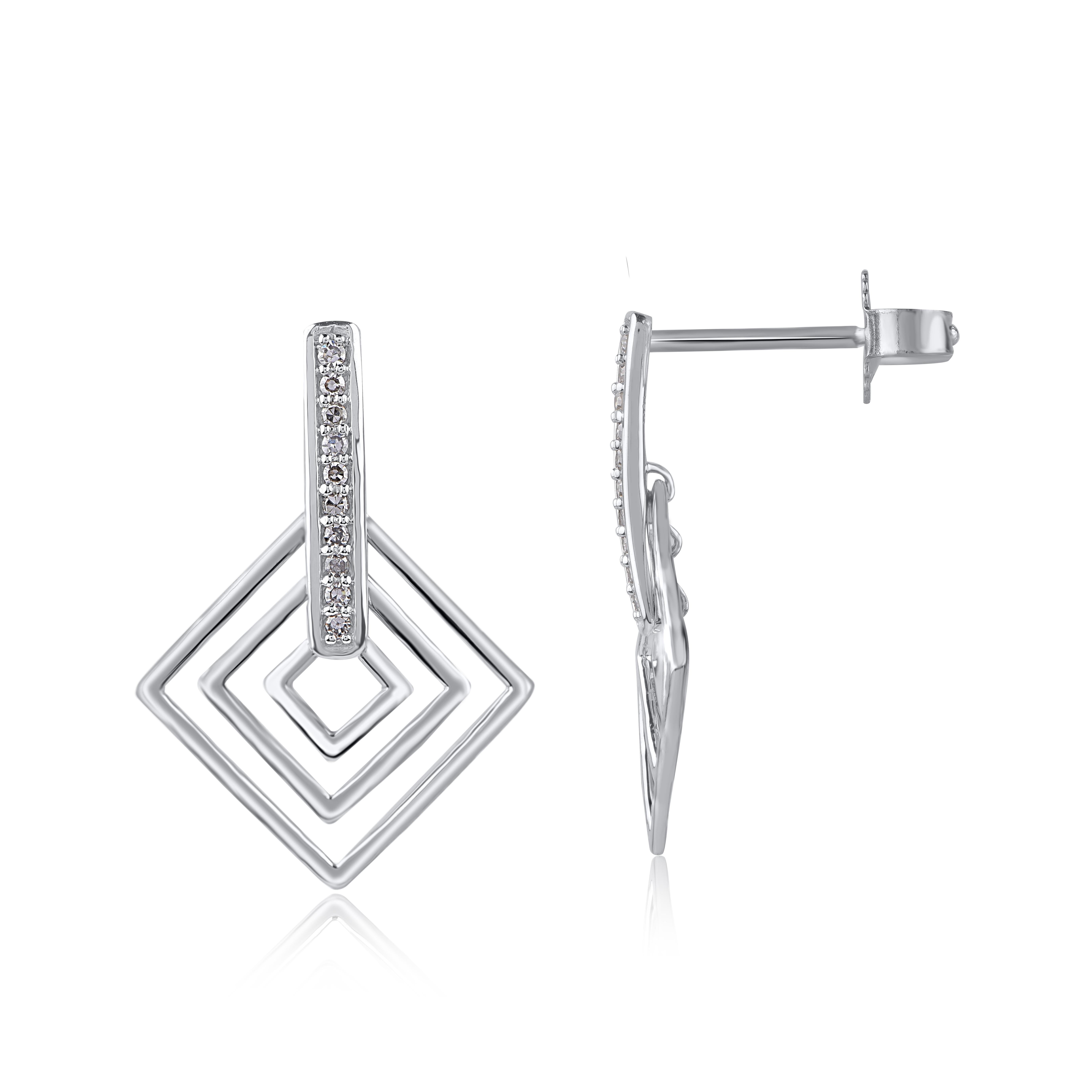 Modern TJD 0.10 Carat Round Diamond 14KT White Gold Layered Kite Shape Dangle Earrings For Sale