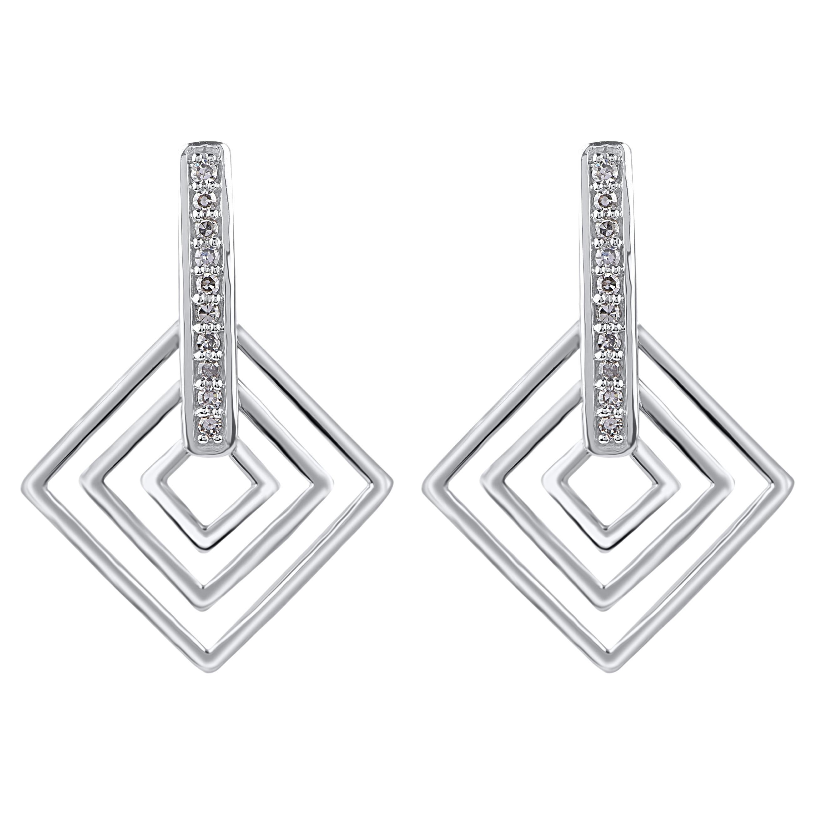 TJD 0.10 Carat Round Diamond 14KT White Gold Layered Kite Shape Dangle Earrings
