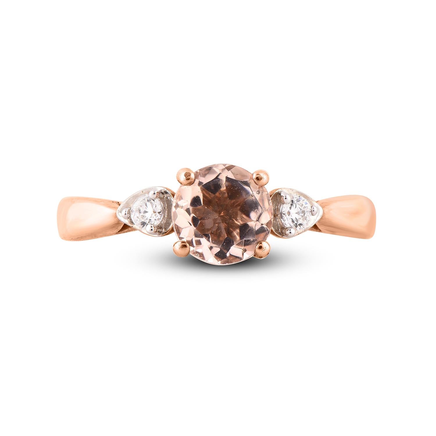 Contemporary TJD 0.10 Carat Round Diamond and 6.5 mm Morganite 14 Karat Rose Gold Ring For Sale