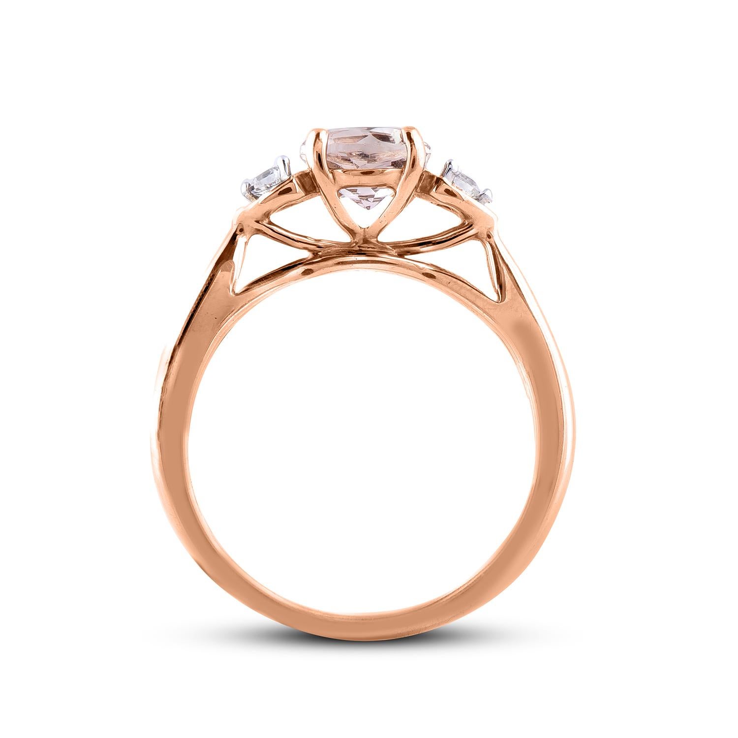 TJD 0.10 Carat Round Diamond and 6.5 mm Morganite 14 Karat Rose Gold Ring In New Condition For Sale In New York, NY