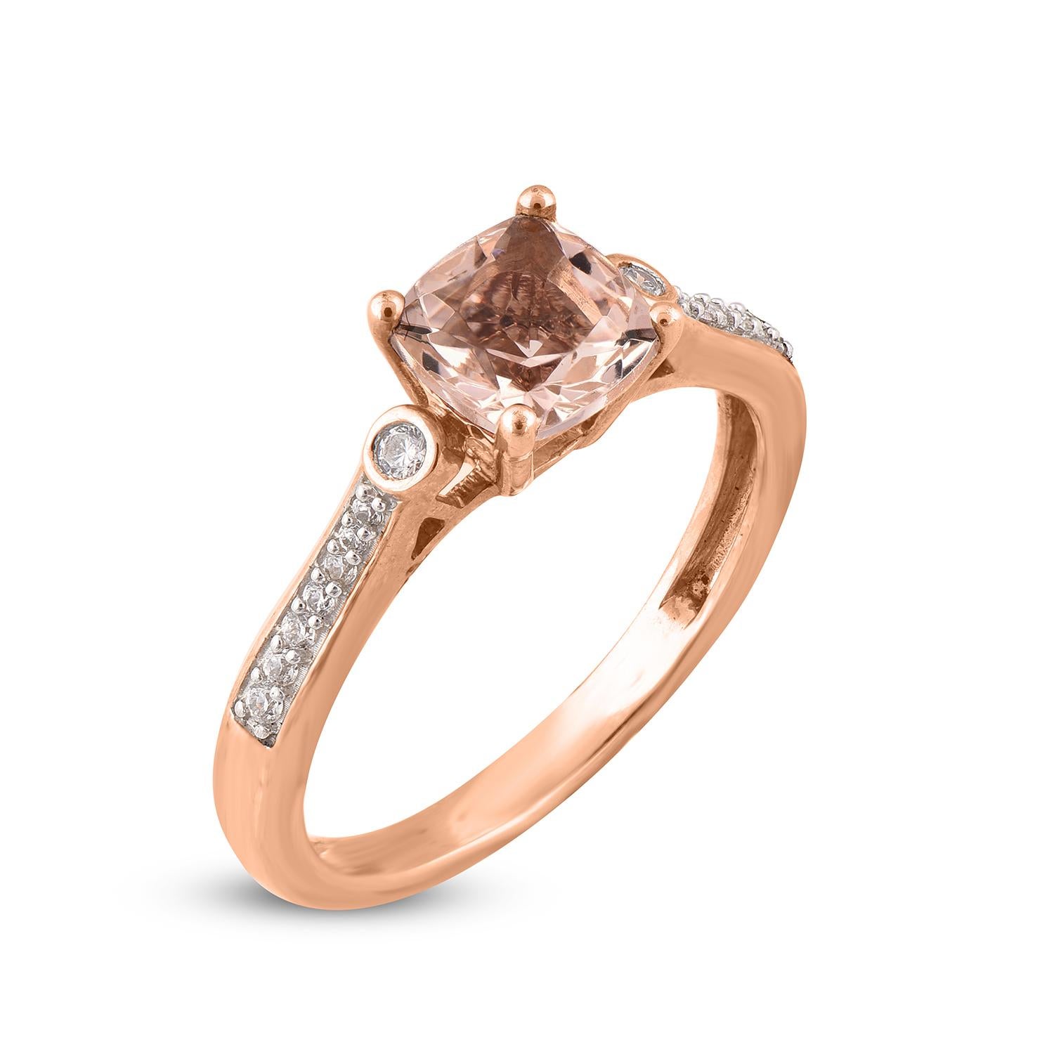 Breathtaking diamond and gemstone studded engagement ring that is ready to make you shine. Designed to perfection in 14 karat rose gold and glitters beautifully with 16 round white diamonds and 1 cushion shape morganite embellished in prong, pave